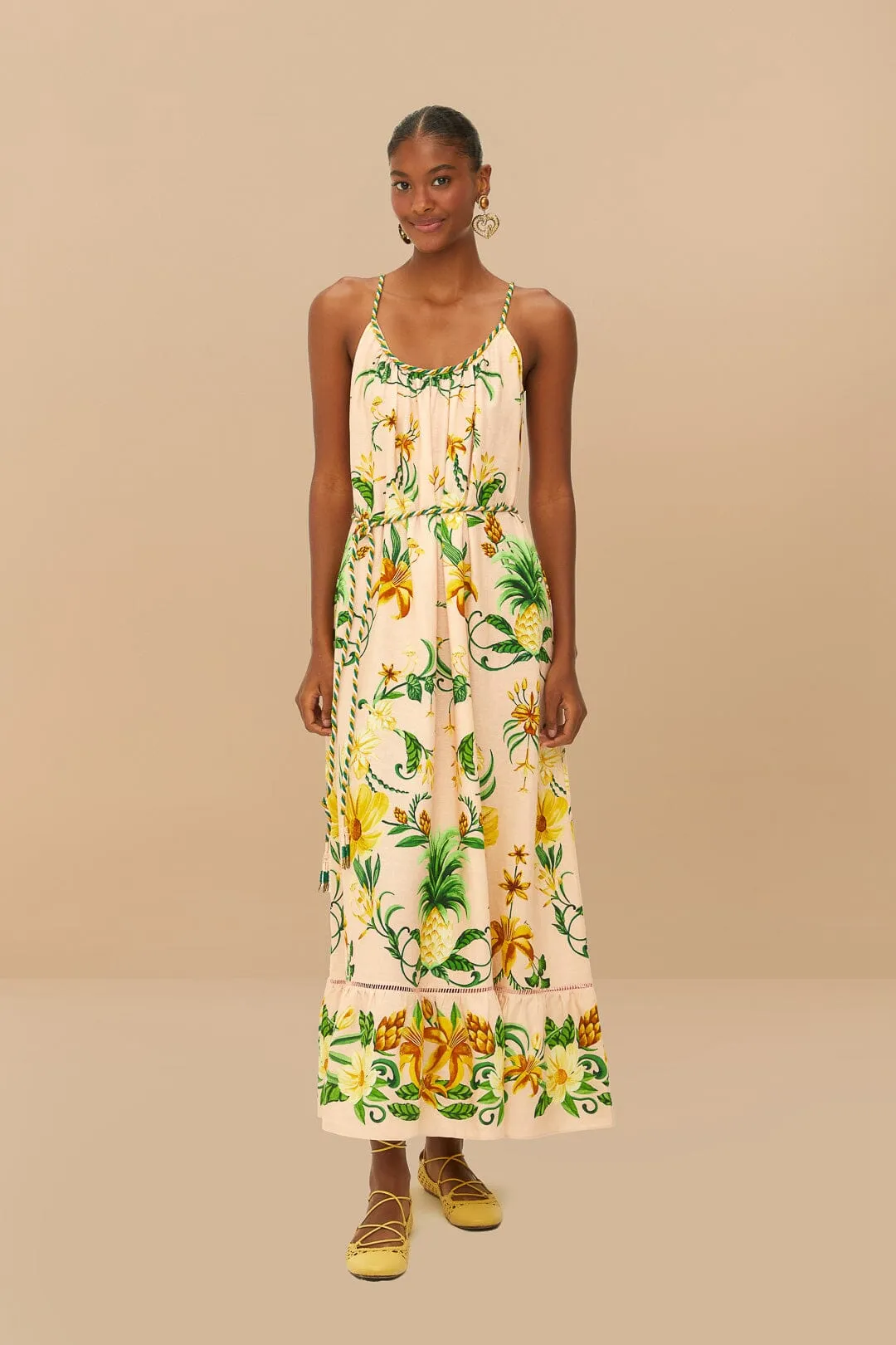 Botanical Beauty Pink Maxi Dress Agate Shine Ruffle Hem
