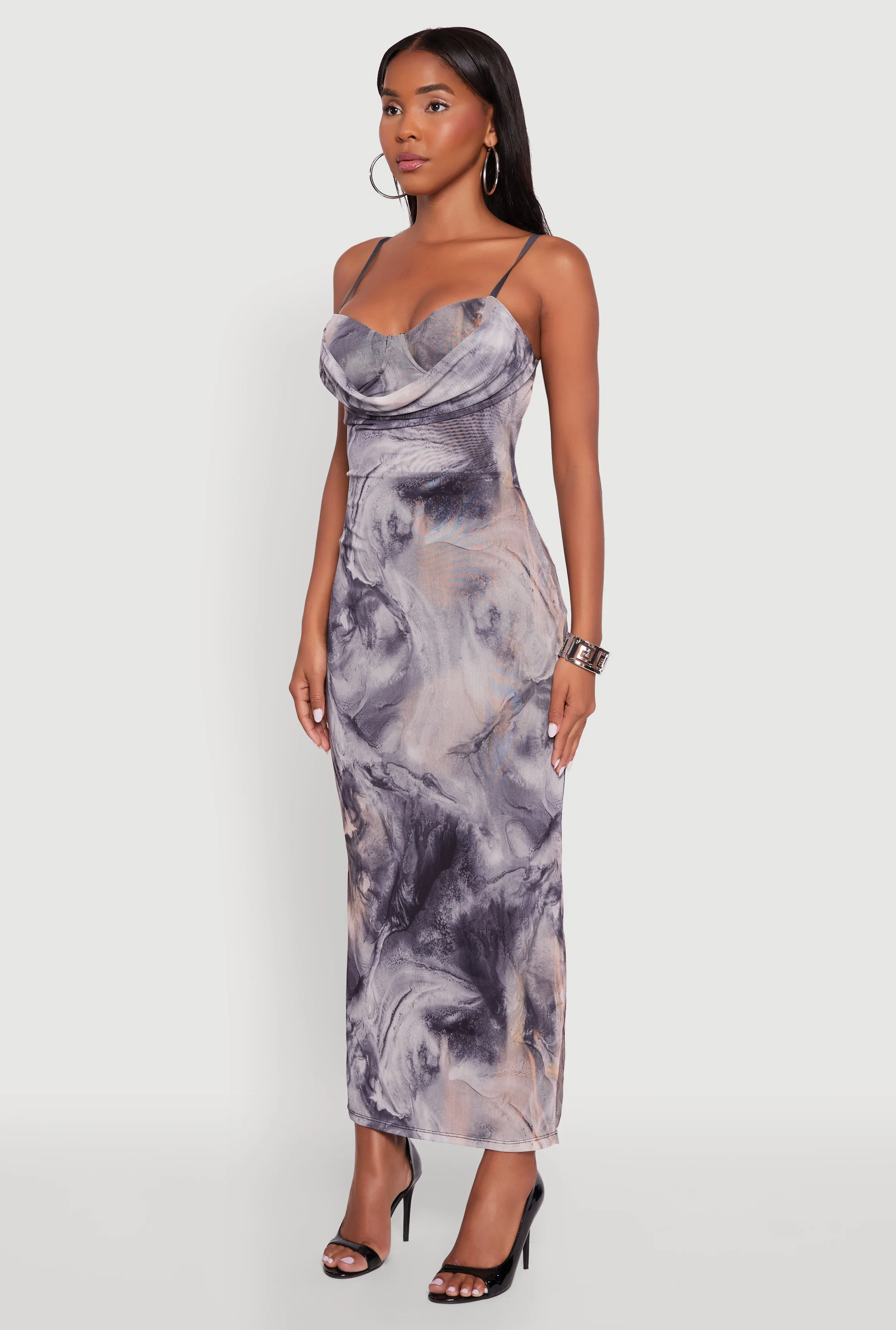 Printed Pattern Open Back Cowl Neck Mesh Maxi Dress The elegant cut of this dress highlights your figure while offering plenty of room to move
