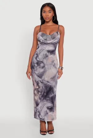 Effortless chic full-length dress Ivory Glow Printed Pattern Open Back Cowl Neck Mesh Maxi Dress