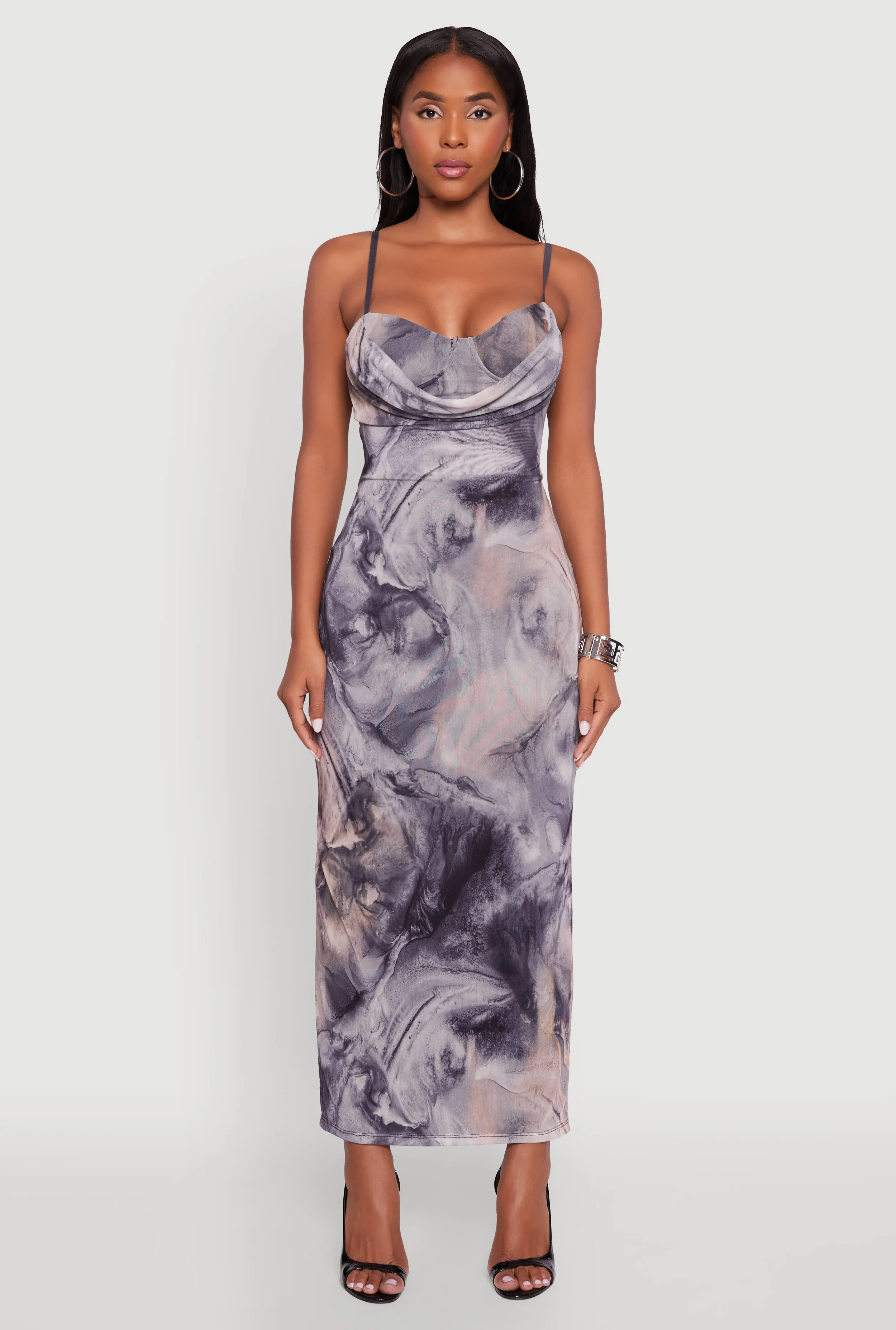 Poetic Move Emerald Shine Printed Pattern Open Back Cowl Neck Mesh Maxi Dress