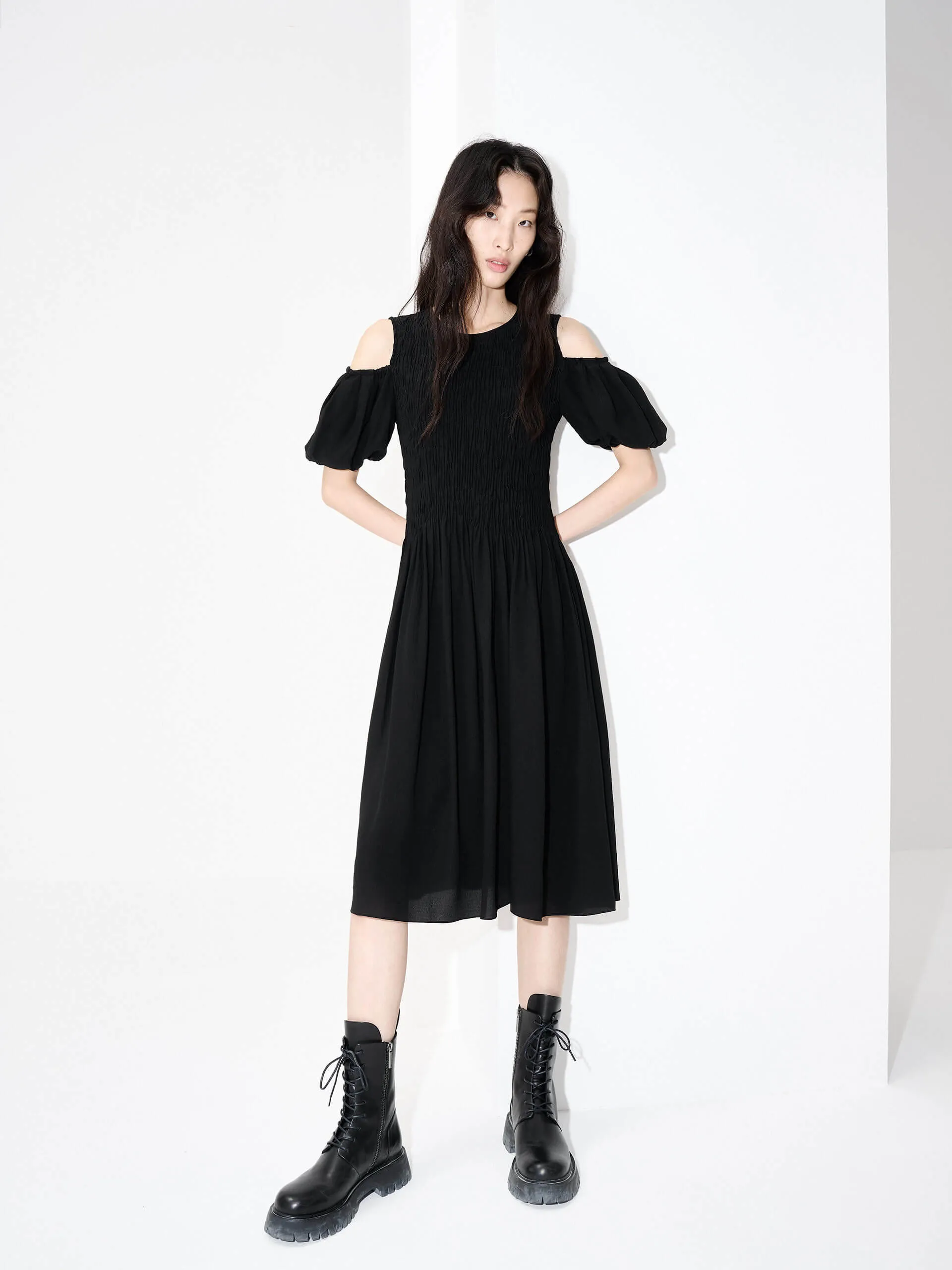 Italian Flair Polished Design Cut Shoulder Smocked Dress