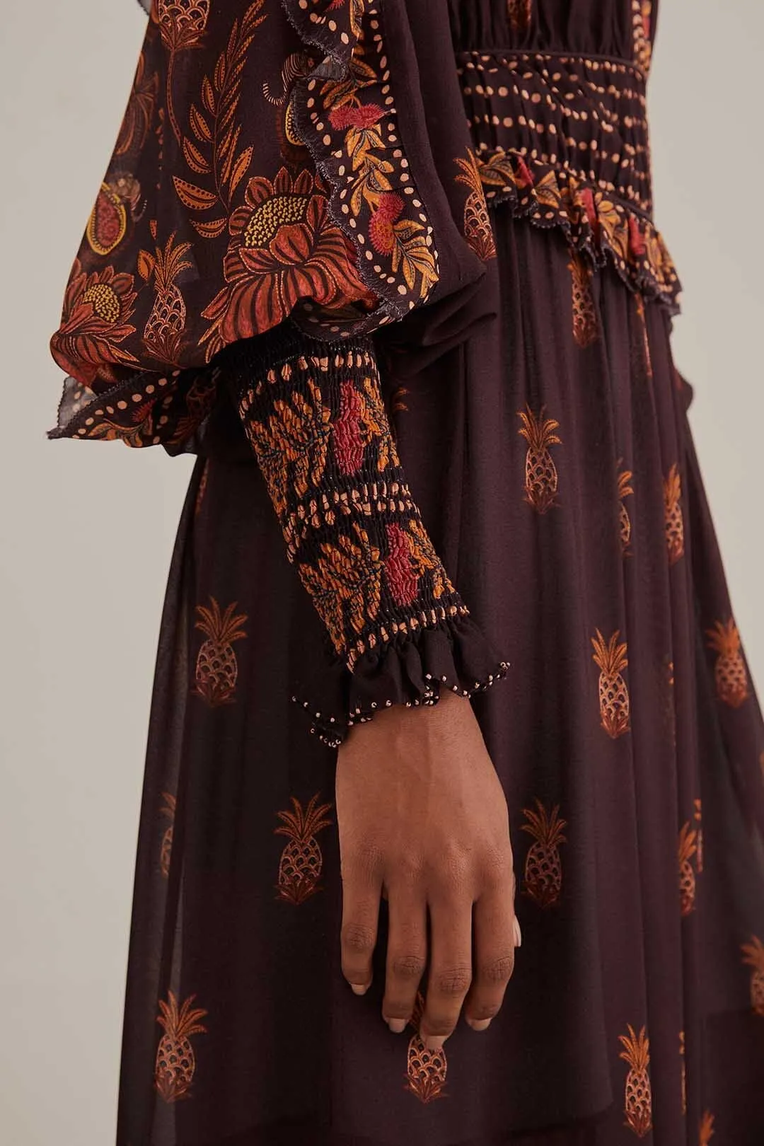 Daylight Warm Brown Paisley Bloom Long Sleeve Maxi Dress
