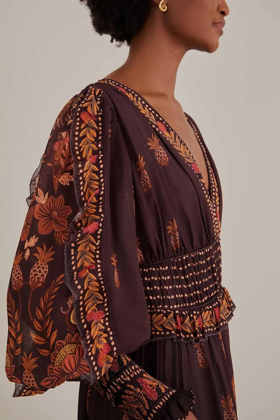 Brown Paisley Bloom Long Sleeve Maxi Dress Bamboo Glow