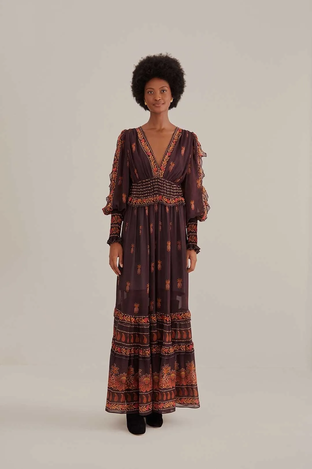Brown Paisley Bloom Long Sleeve Maxi Dress Cotton Shade