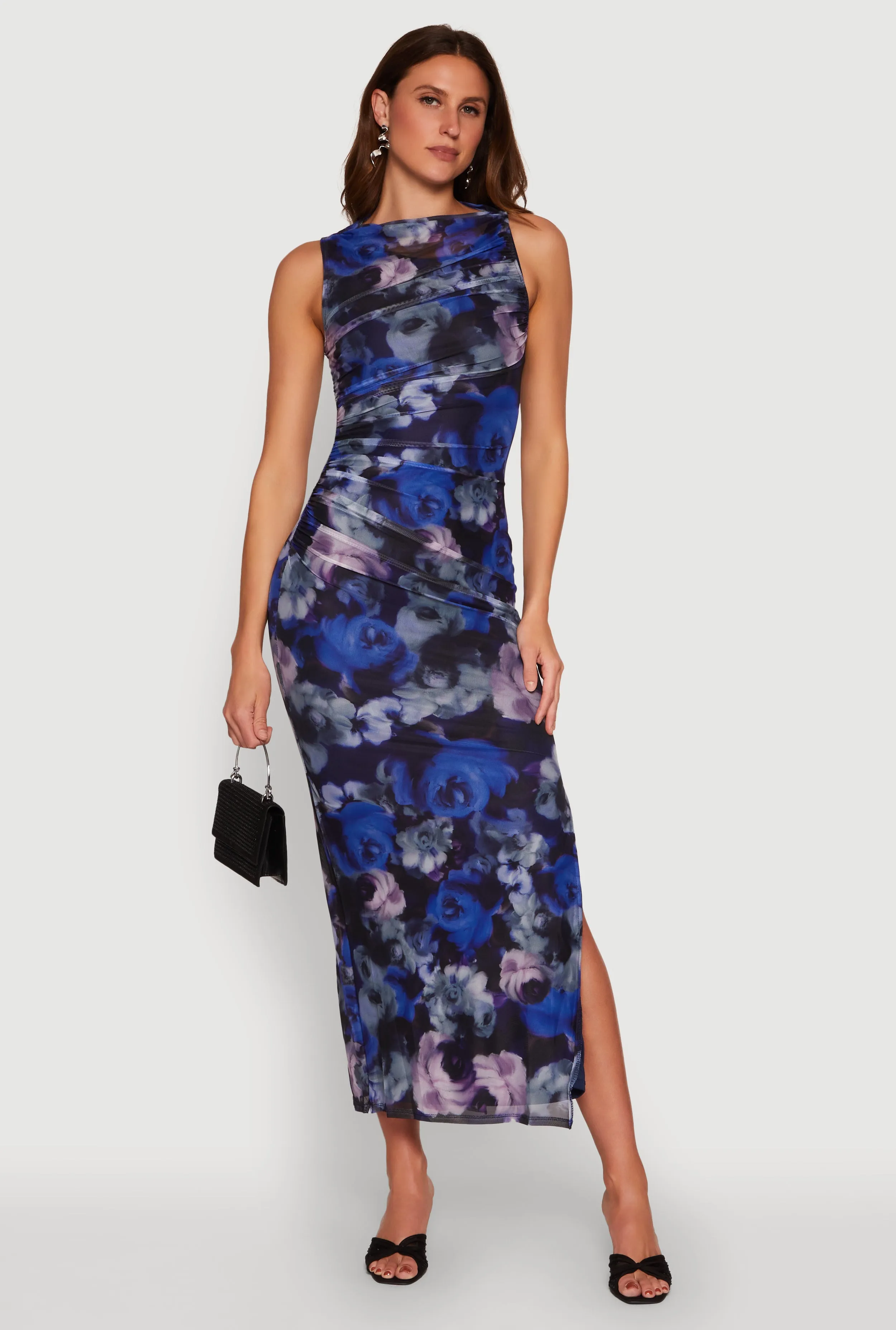Haute Monde Side Ruched Floral Mesh Dress Straight Line With its sleek and chic design this dress is perfect for both casual and formal settings