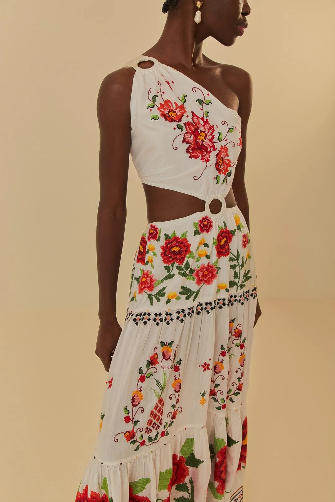 Mist Path Off-White Embroidered Carmina Floral Maxi Dress