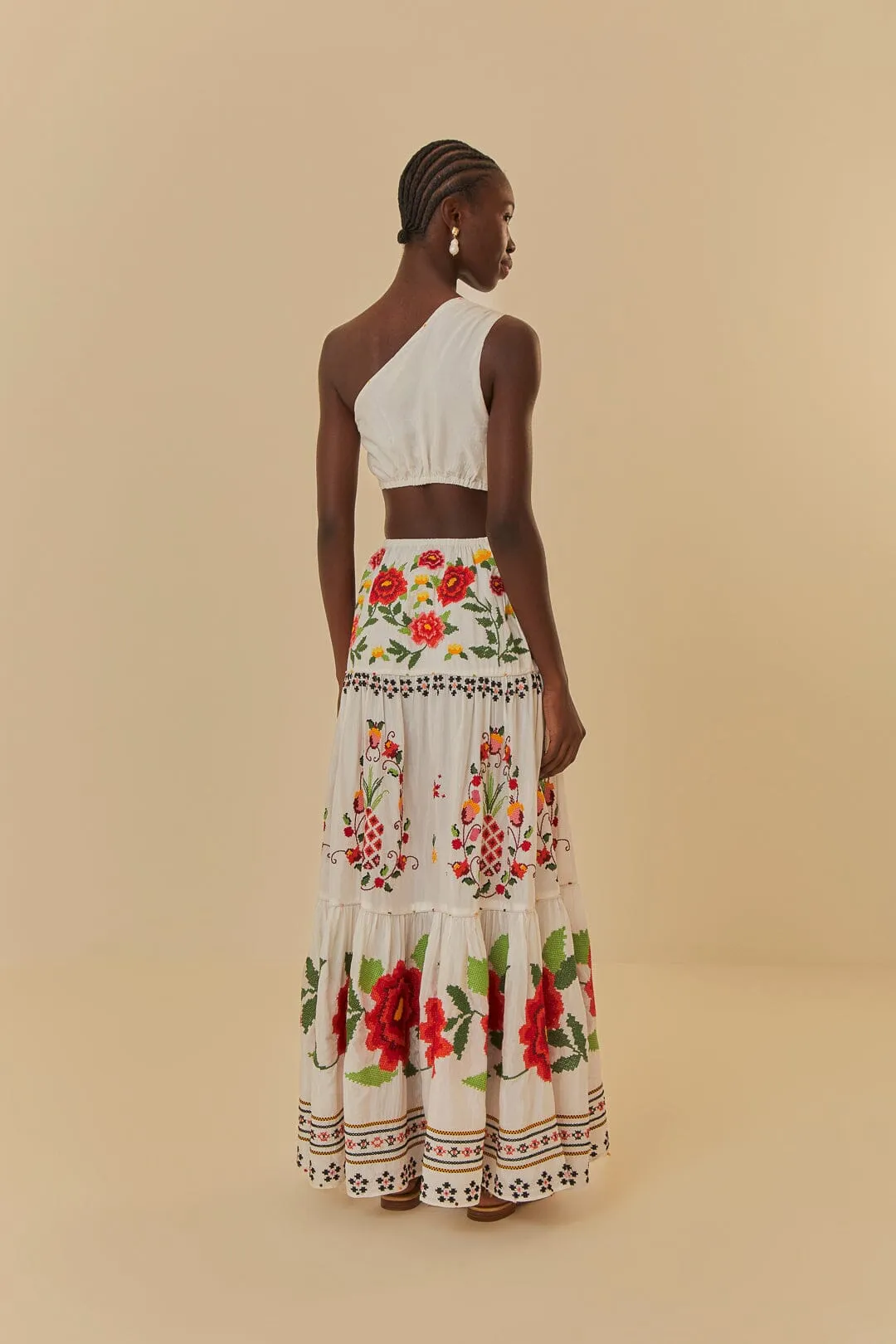 Lantern Arm Off-White Embroidered Carmina Floral Maxi Dress