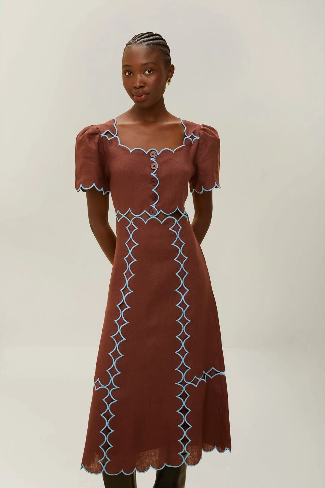 The sleek lines of this maxi dress create a flattering and elegant look for any event Cotton Shade Brown Short Sleeve Euroflax? Premium Linen Maxi Dress