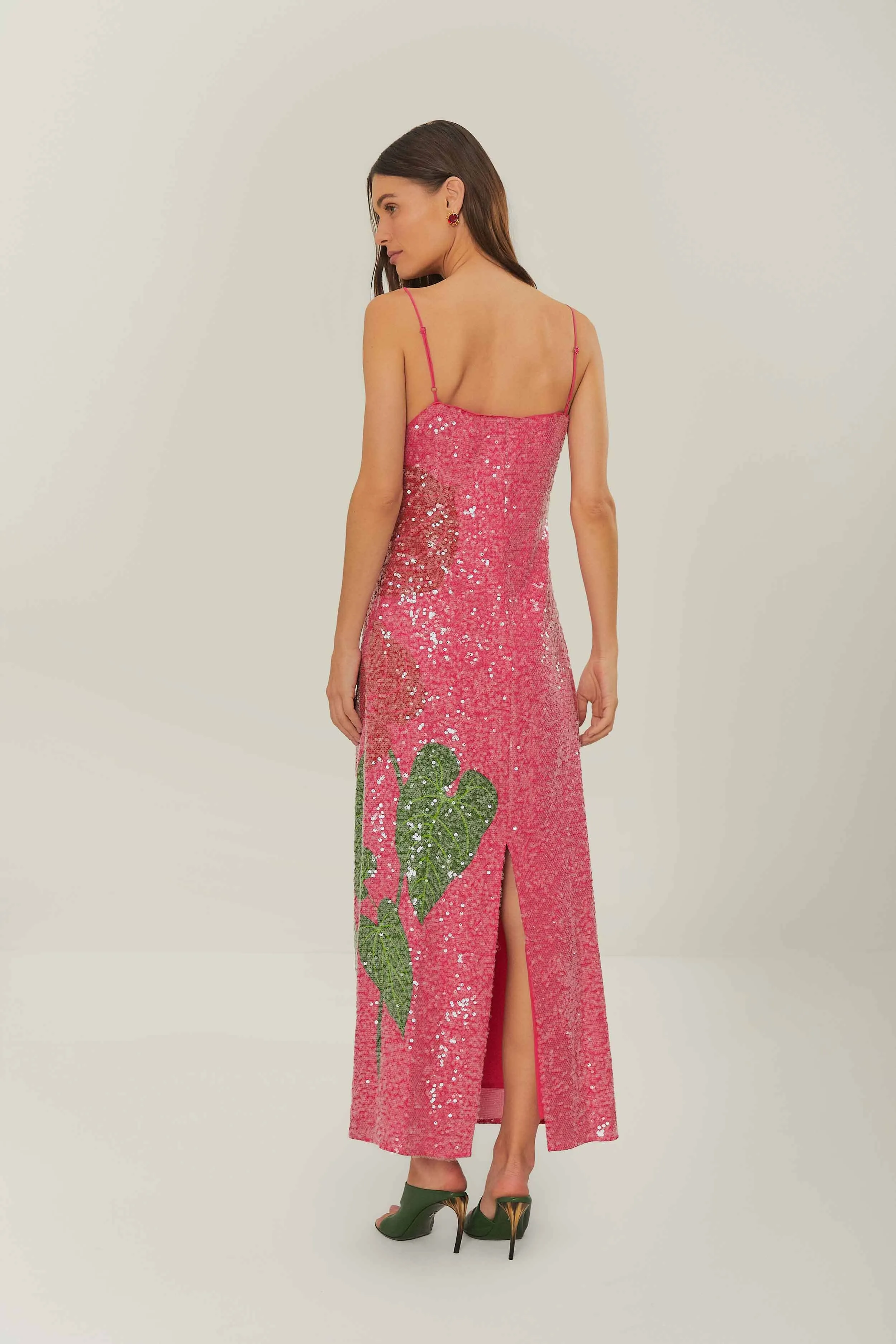 The simple silhouette of this dress makes it easy to style for both day and night wear Mustard Pop Pink Anthurium Flowers Slip Maxi Dress