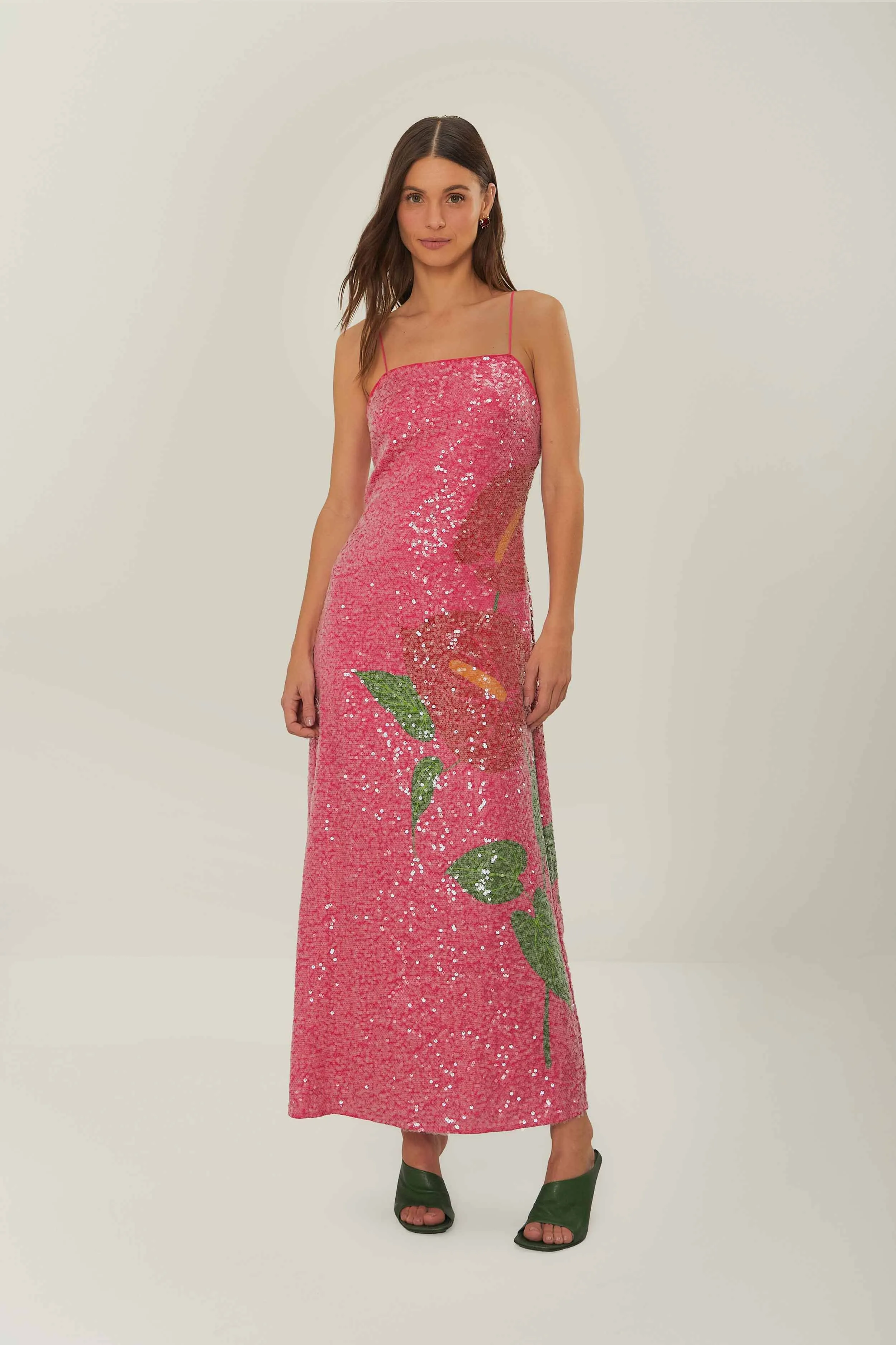 Quartz Glow Pink Anthurium Flowers Slip Maxi Dress