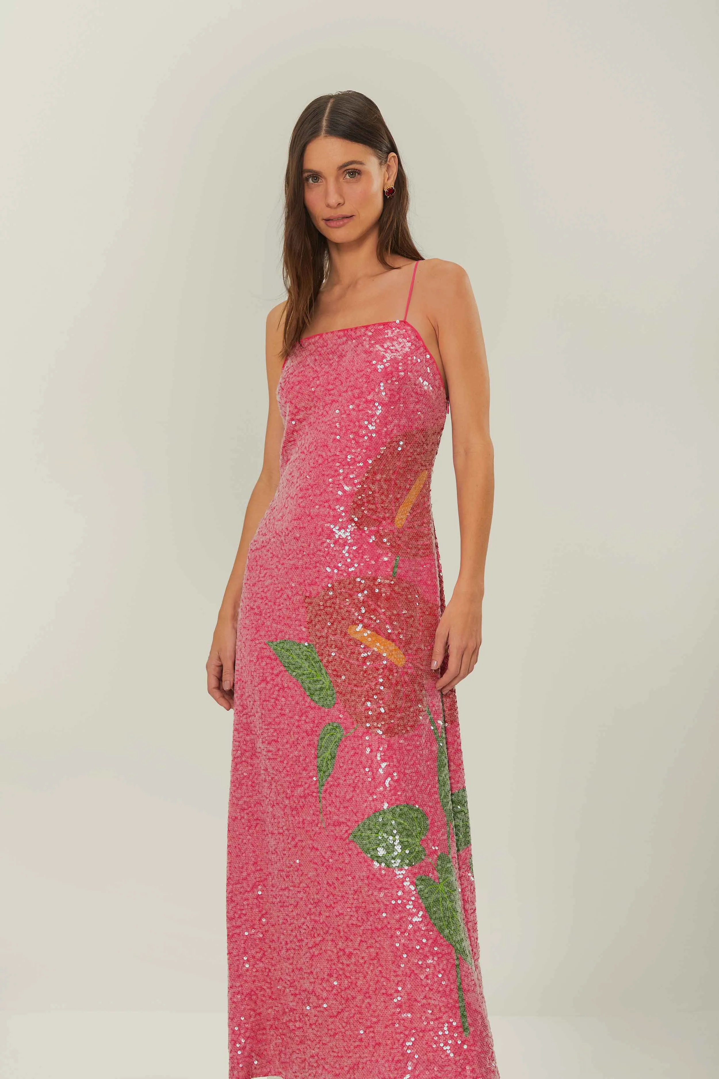 Fashion-forward long piece Flame Glow Pink Anthurium Flowers Slip Maxi Dress