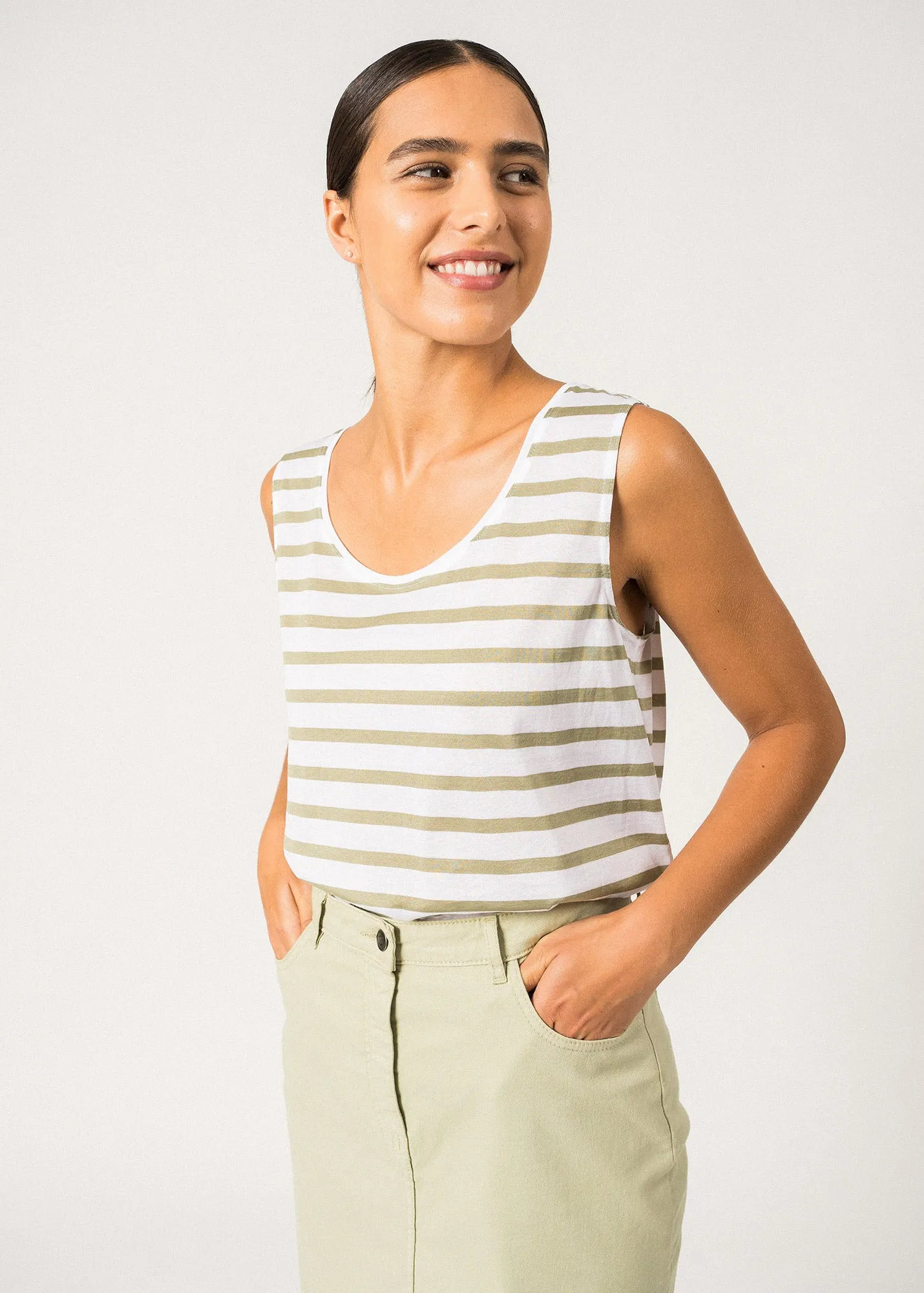 StaticResistantLining GASSIN - Striped Cotton Tank Top | Slim Fit (WHITE / SOFT ALMOND)