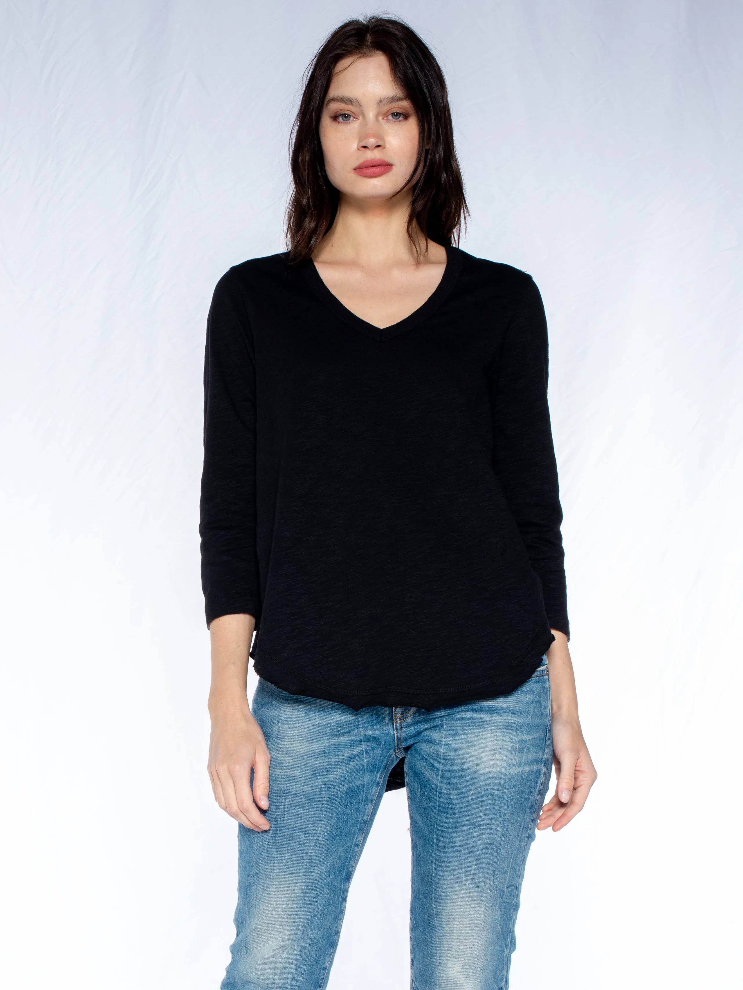 3/4 Sleeve V-Neck Shirttail T W/ Raw Hem Top NonRestrictiveCut Dad Core