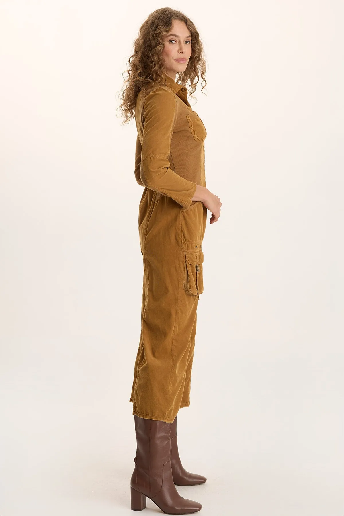WaterRepellentCoating Kaisa Corduroy Long-Sleeve Cargo Jumpsuit