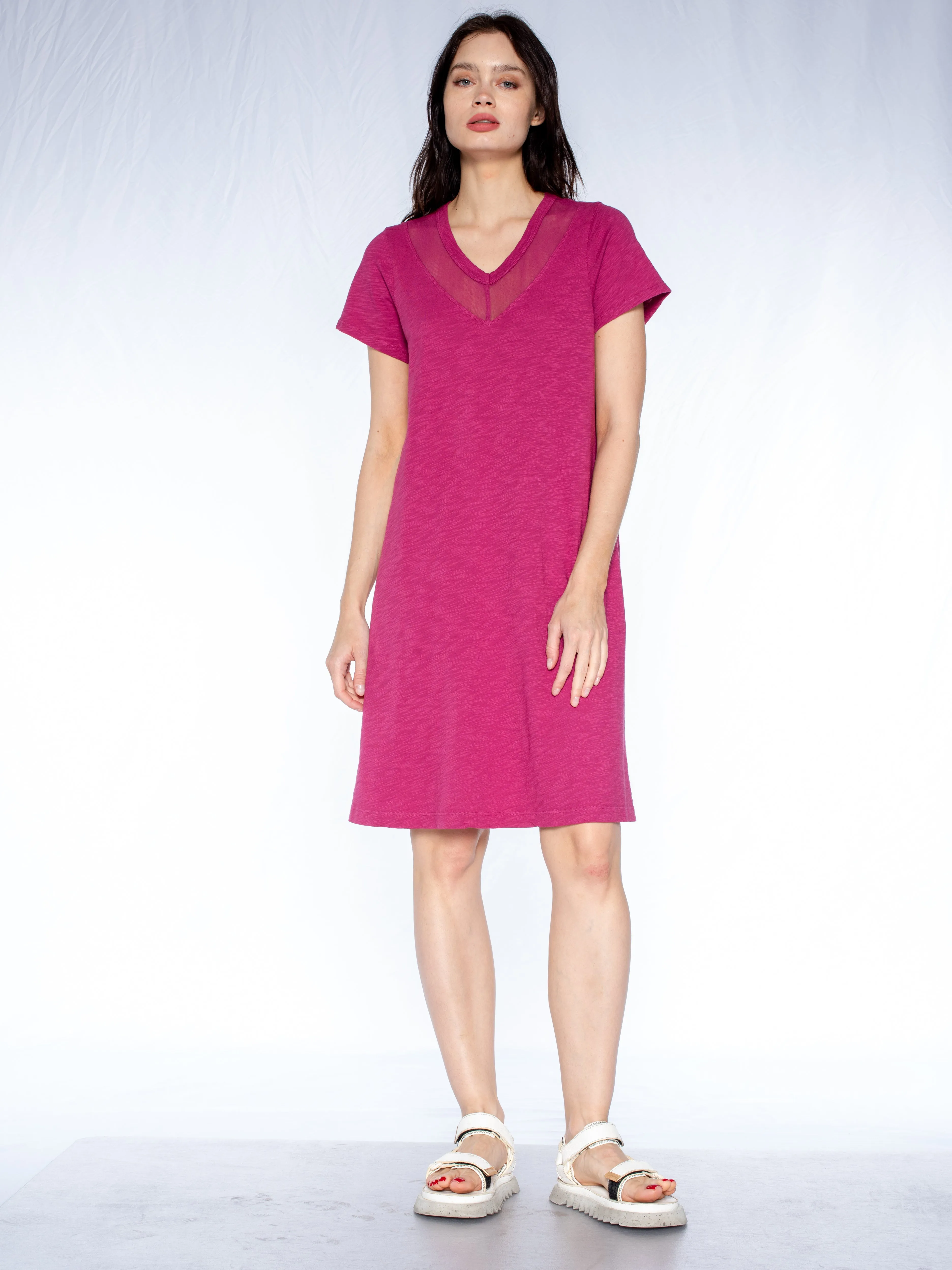 QuickDry V-Neck Tulle Mix S/S Trapeze Dress