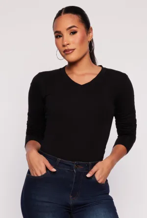 Ribbed Collar Trim V Neck Long Sleeve Tee