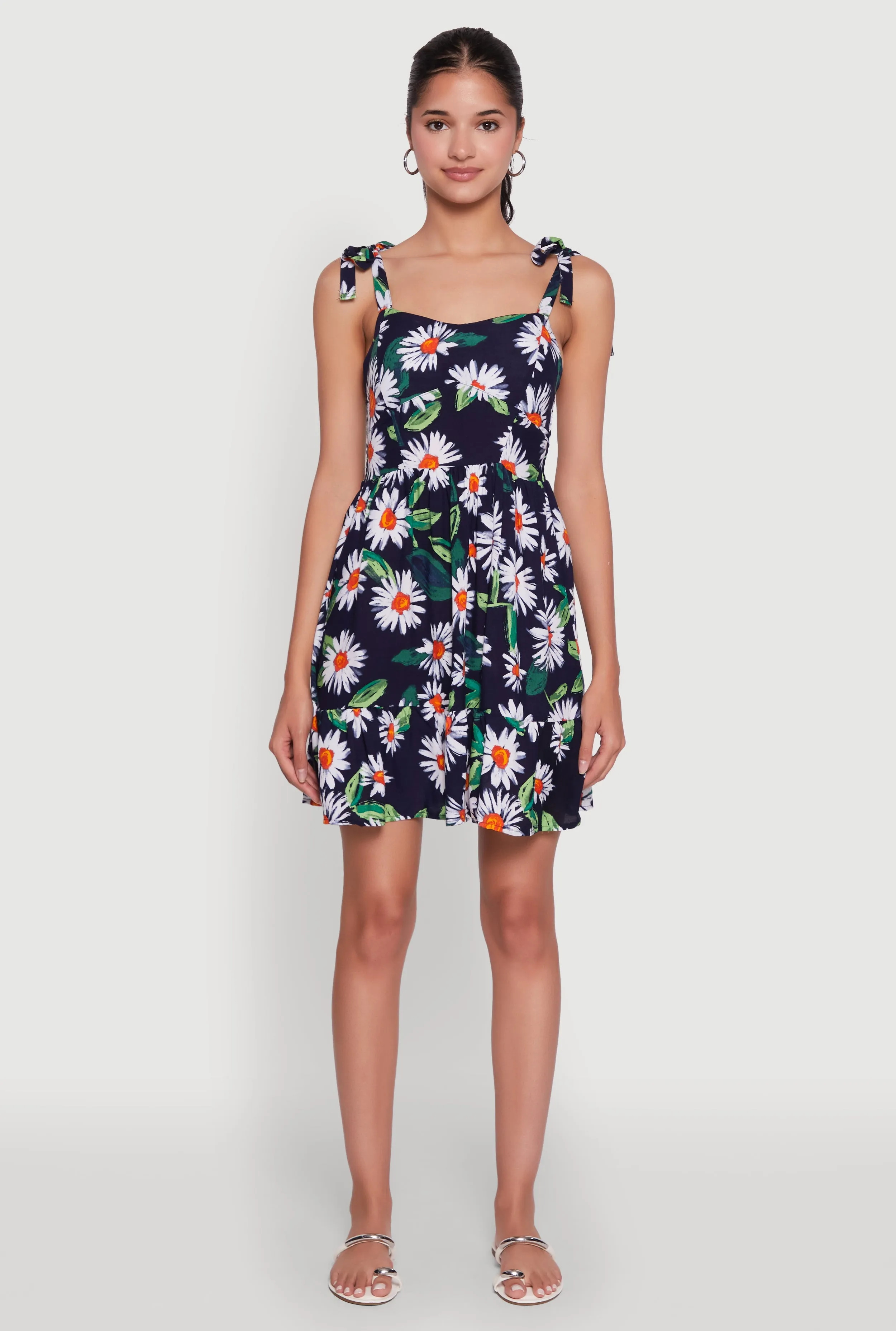 Urban Fashion Floral Daisy Print Sleeveless Sundress with Tie Straps