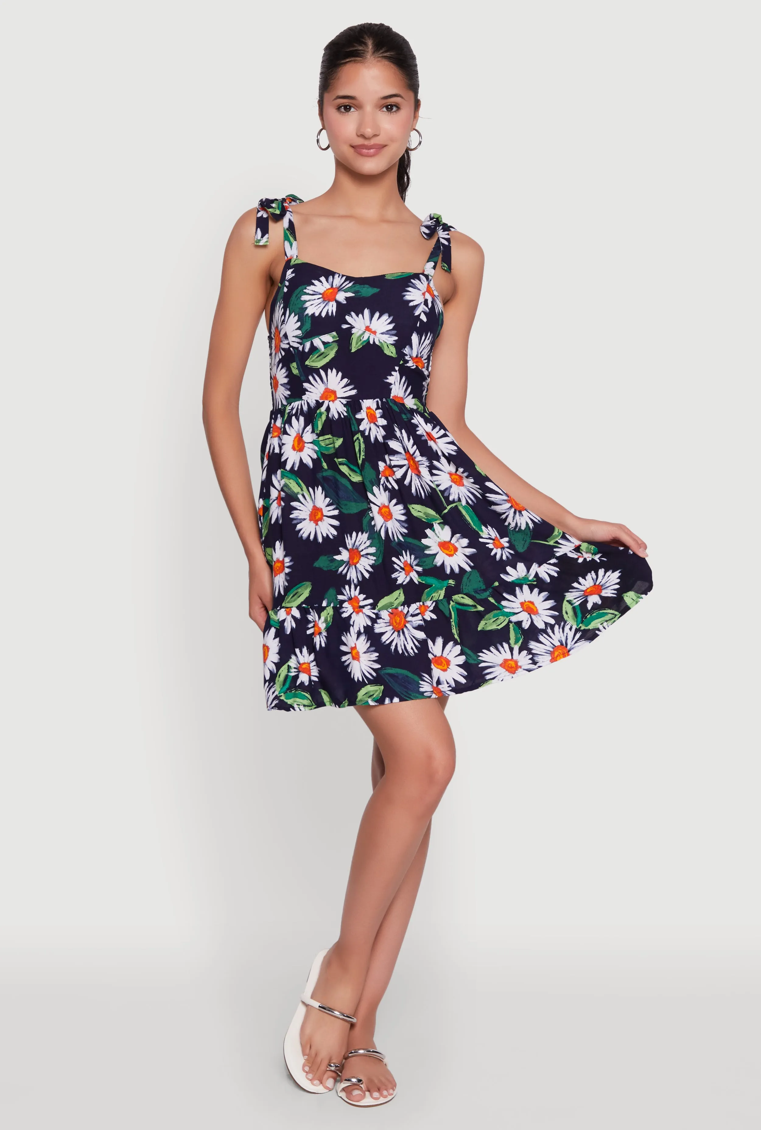 Floral Daisy Print Sleeveless Sundress with Tie Straps Baddie Vibe Ventilated Underarm Panels