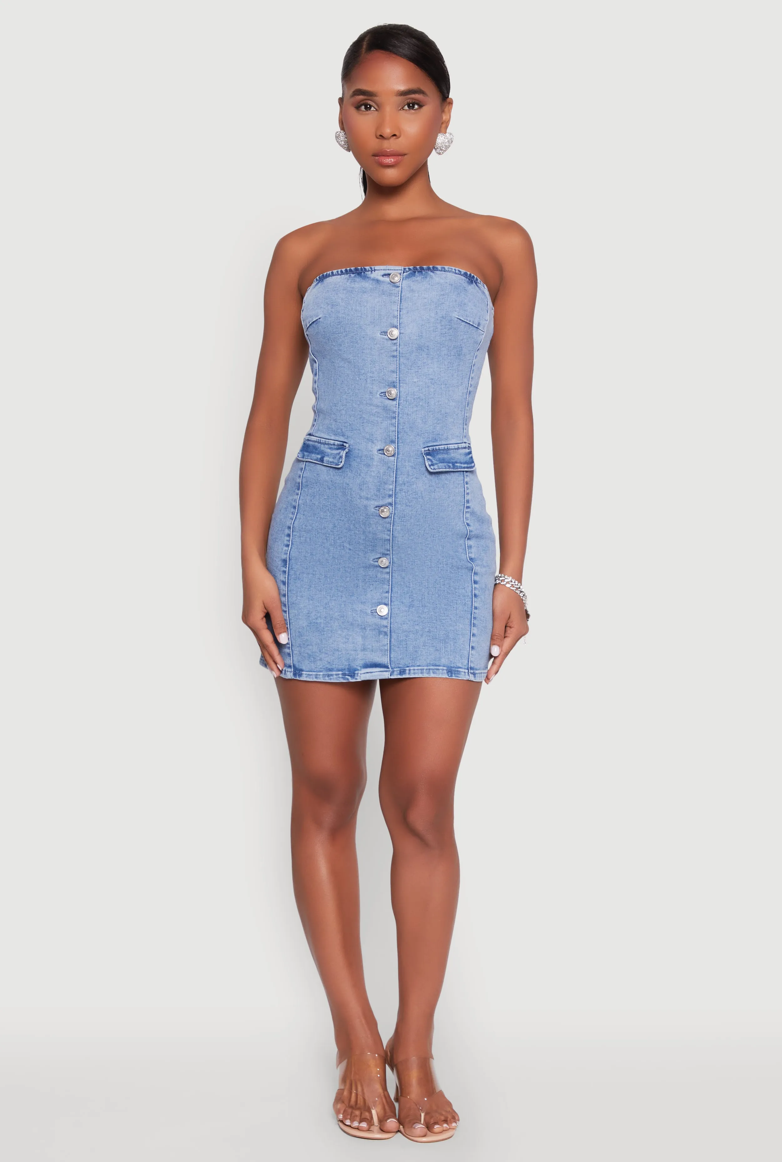 WAX Denim Button Detail Tube Dress Flirty Fit