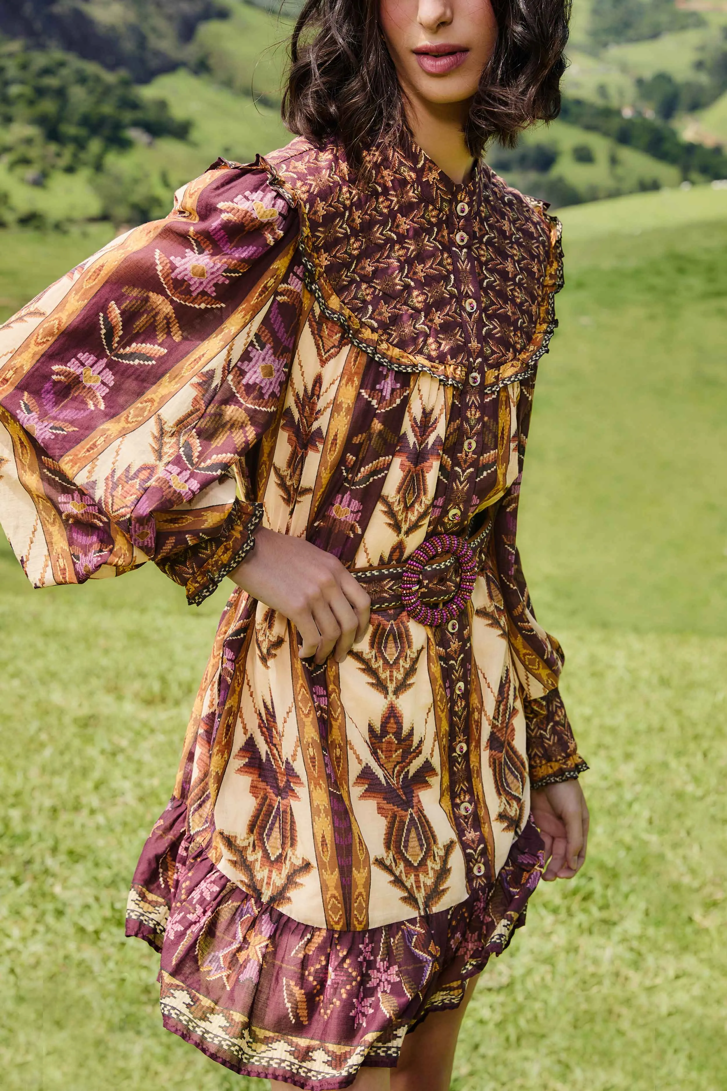 Charming Vibe Sand Embroidered Tapestry Long Sleeve Mini Dress