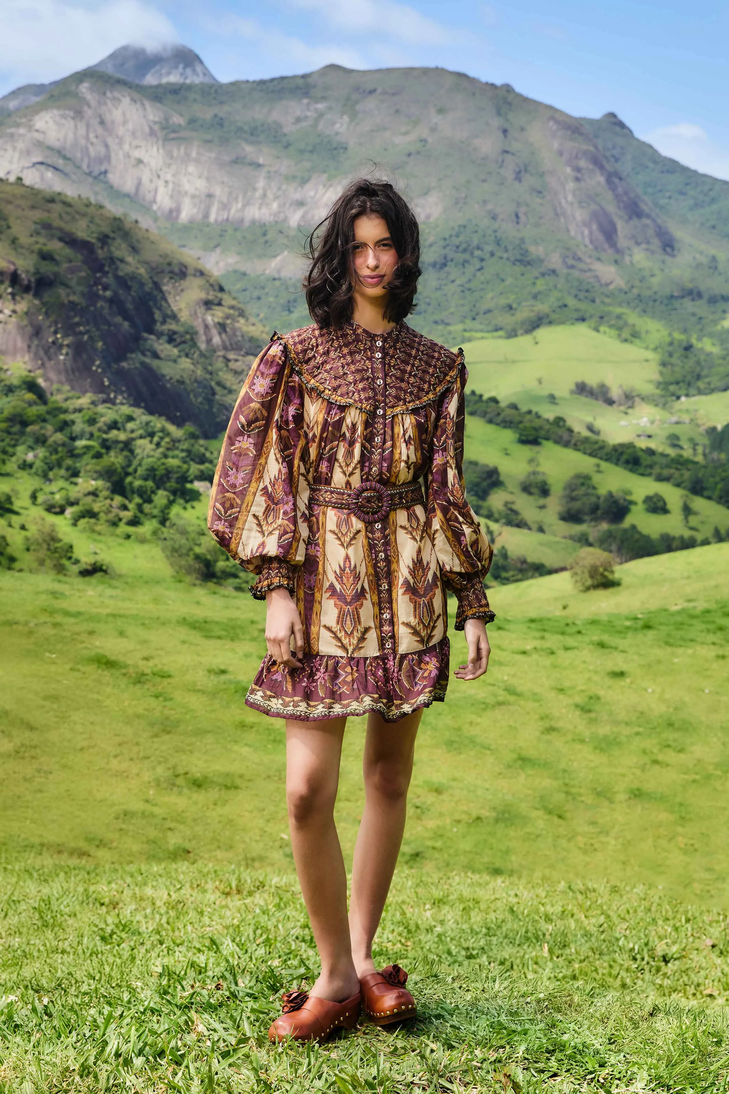 Sand Embroidered Tapestry Long Sleeve Mini Dress Stylish Fit High Light