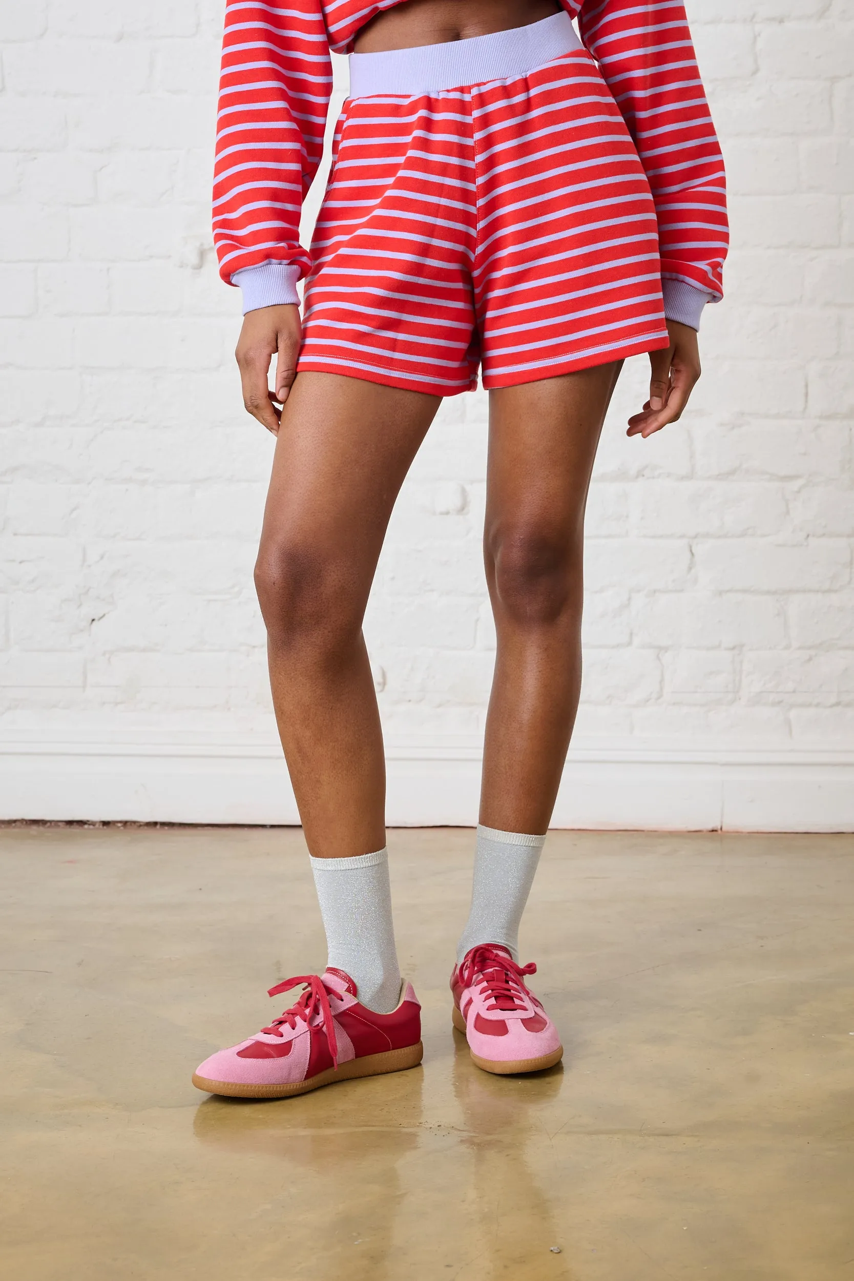 stain - resistant Striped Knit Shorts in Red/Lilac