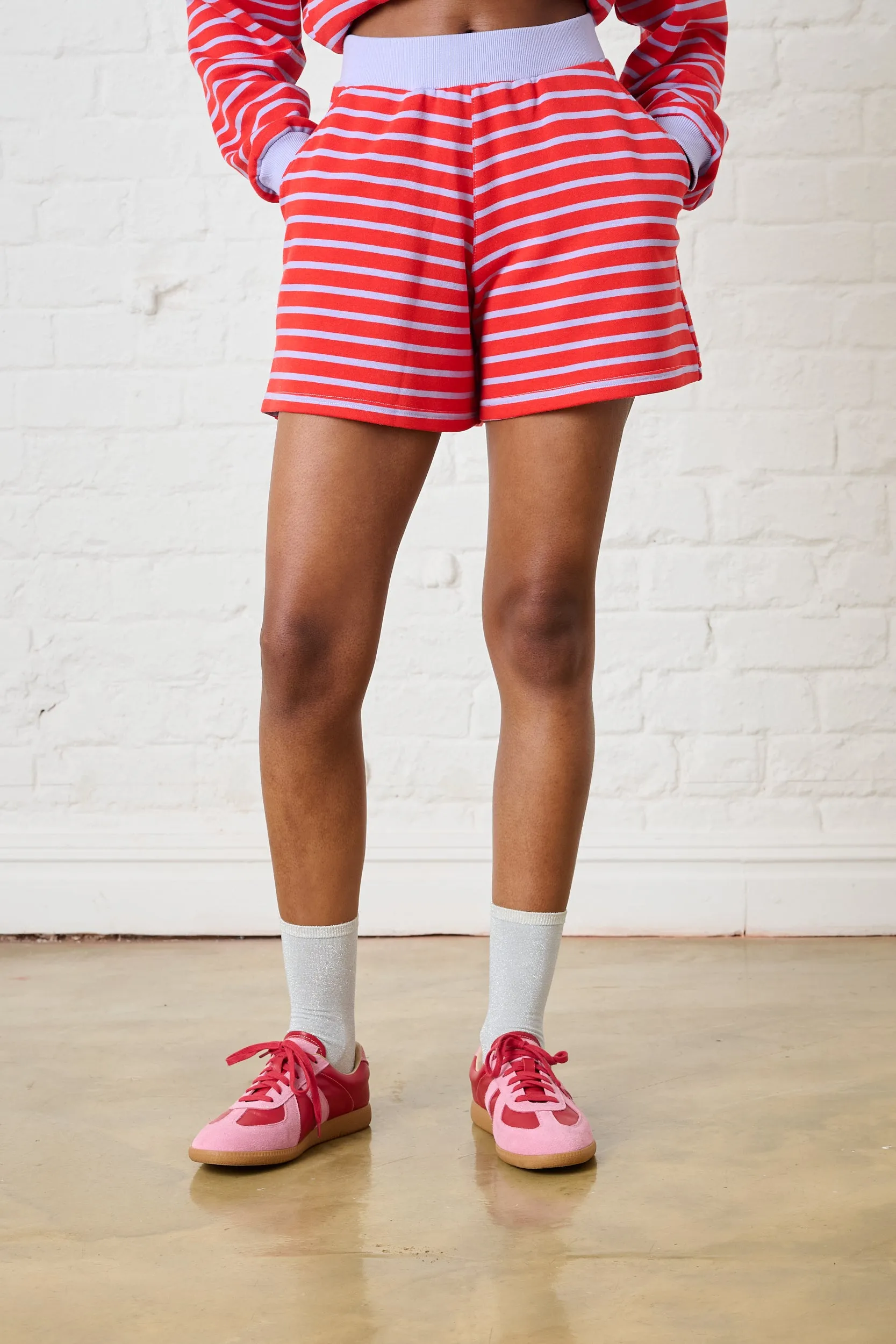 Relaxed Design Concert wear Striped Knit Shorts in Red/Lilac