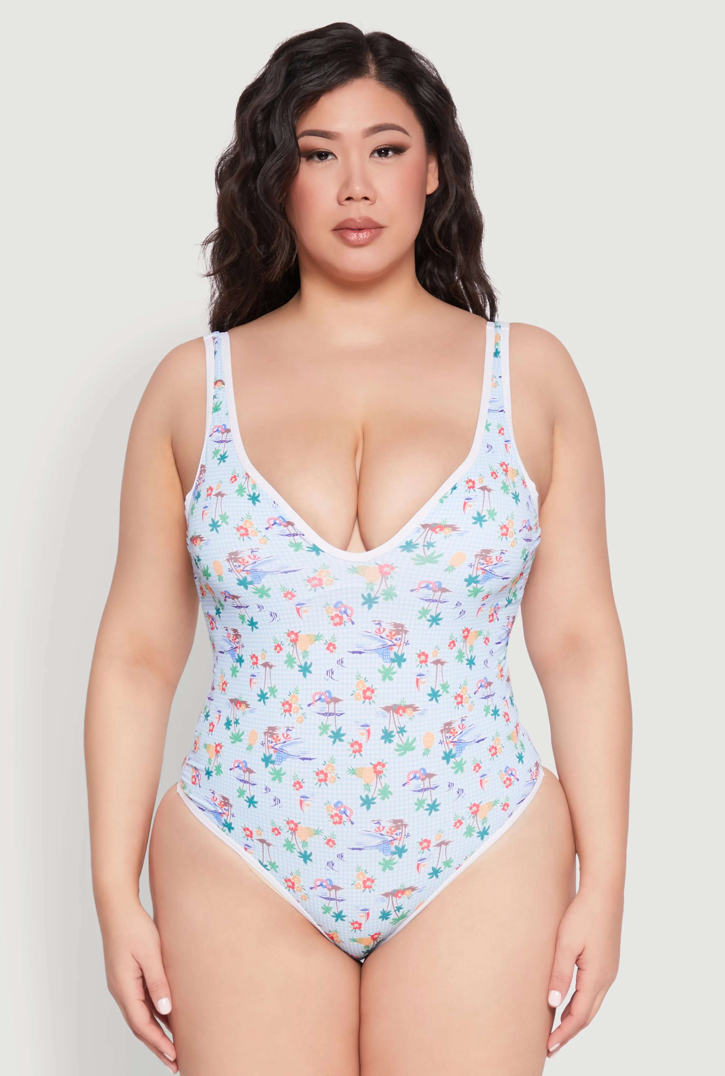 Sweat Wicking Interior Layer Plus Size Gingham Island Print One Piece Swimsuit