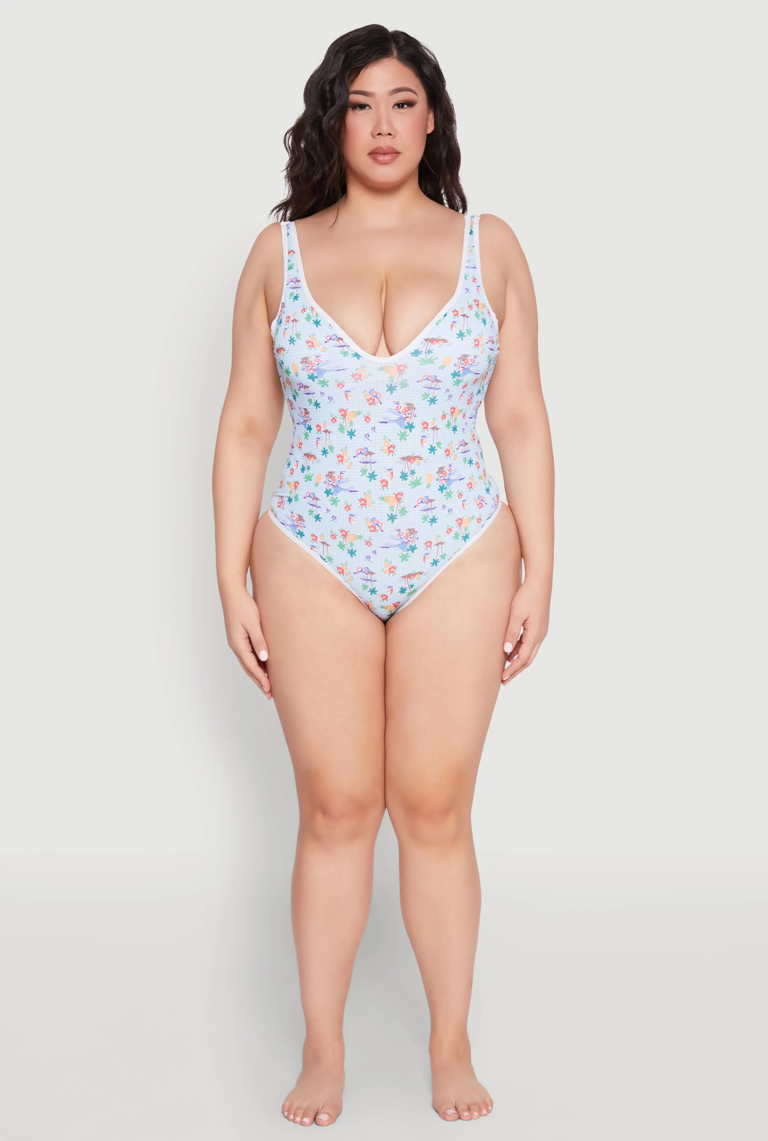 Plus Size Gingham Island Print One Piece Swimsuit Quick Fastening Clips Anti Sand Pockets