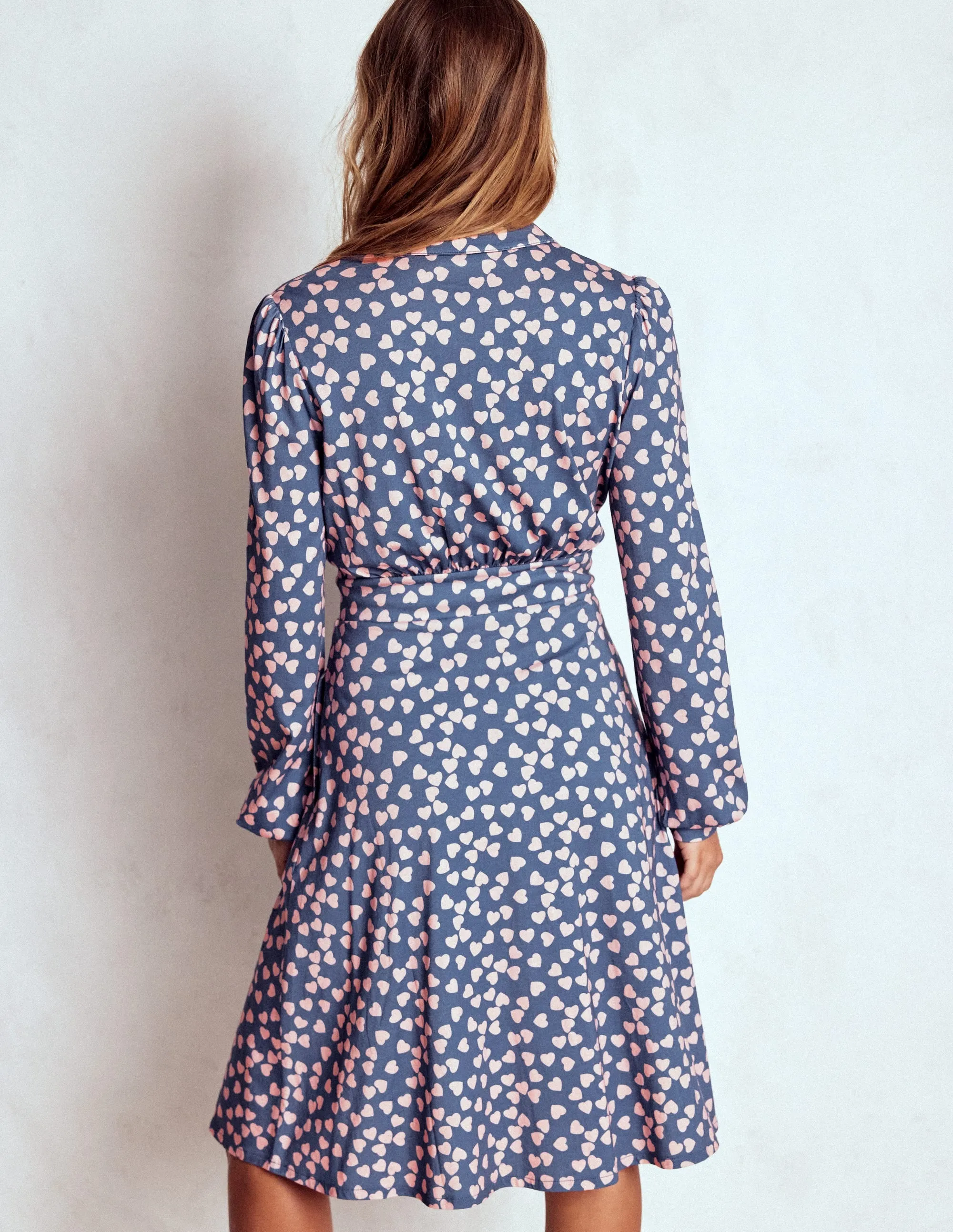 Orla Short Jersey Shirt Dress-Denim Blue. Heart Cascade Charming Design Lightweight and airy mini