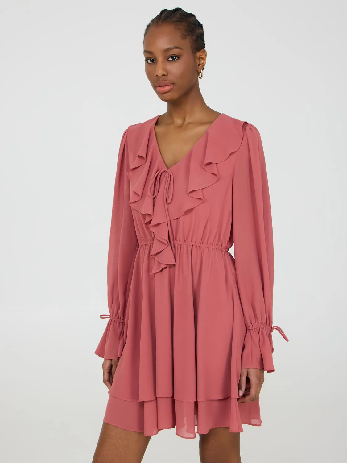 Fashionable Wear Ruffle V-Neck Chiffon Mini Dress