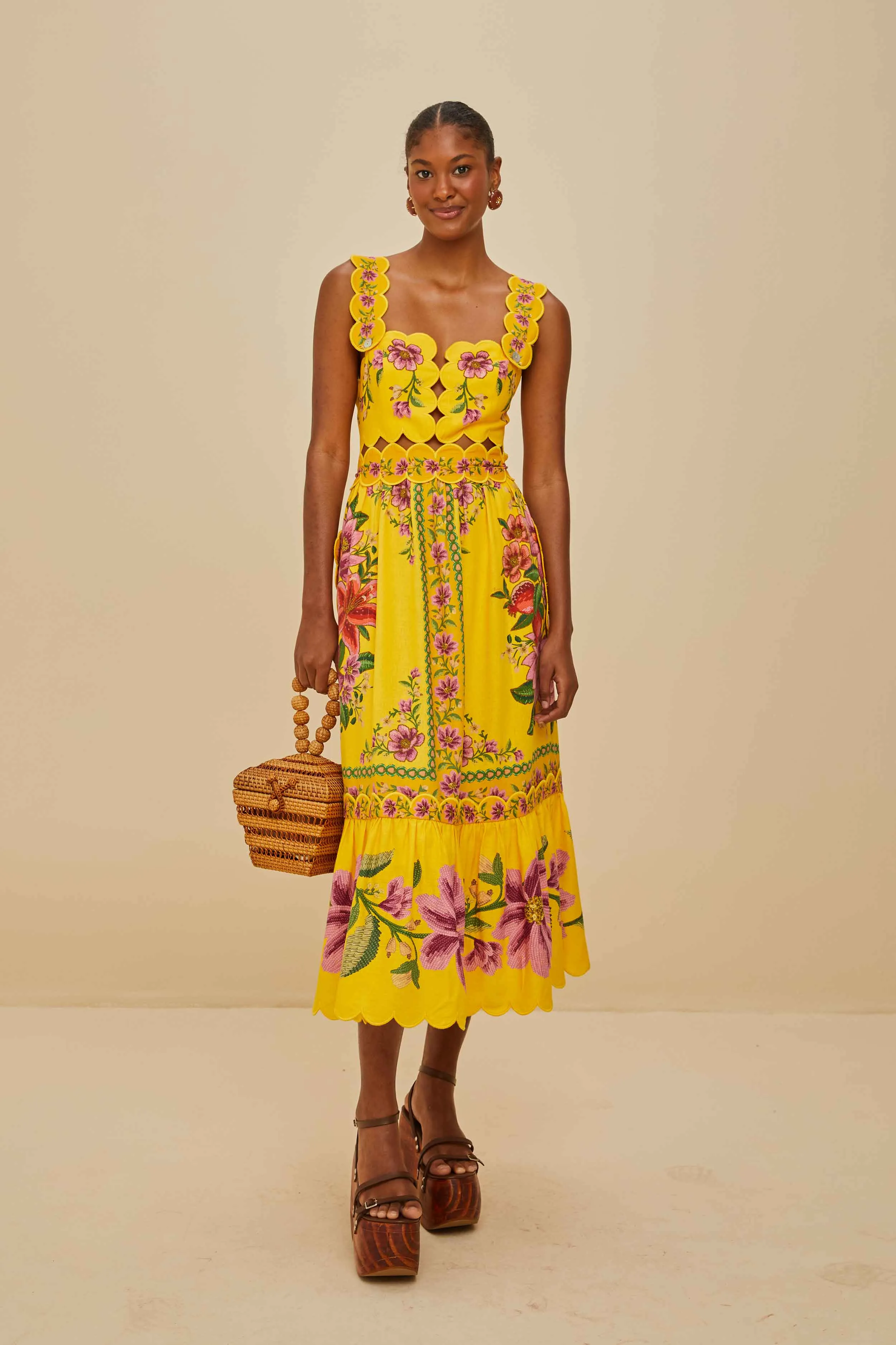 Elegant semi-formal gown Statement pattern knee-length dress Yellow Summer Fruit Scarf LENZING? ECOVERO? Euroflax? Midi Dress