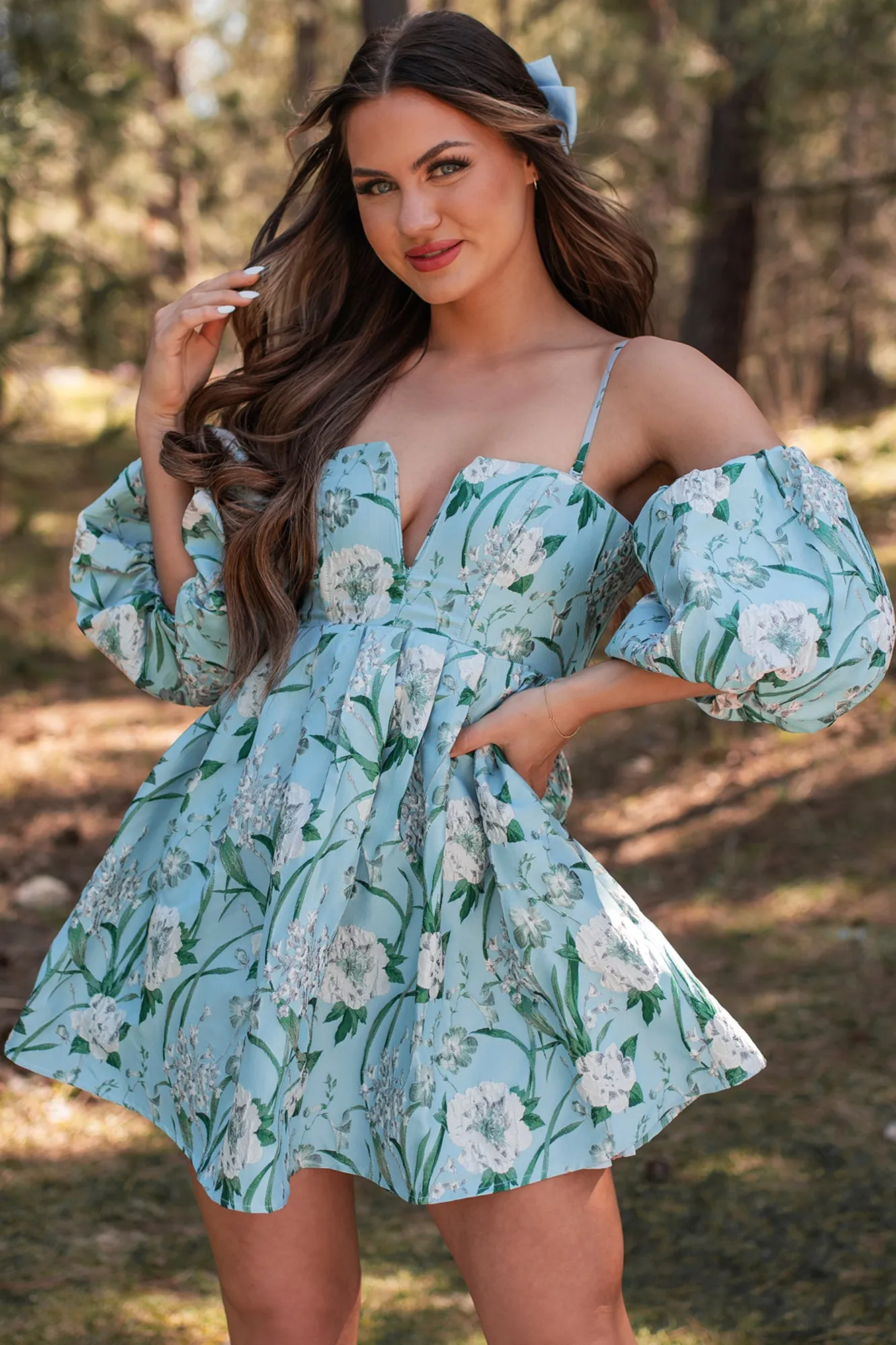 Scene Glow Comfortable day-to-night dress The Beauty Within Off The Shoulder Floral Mini Dress (Aqua Blue)