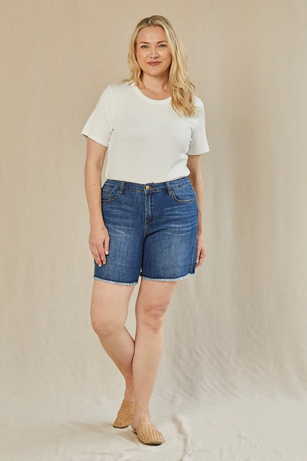 tall sizing Adrift Denim Cut Off Shorts in Mid Wash