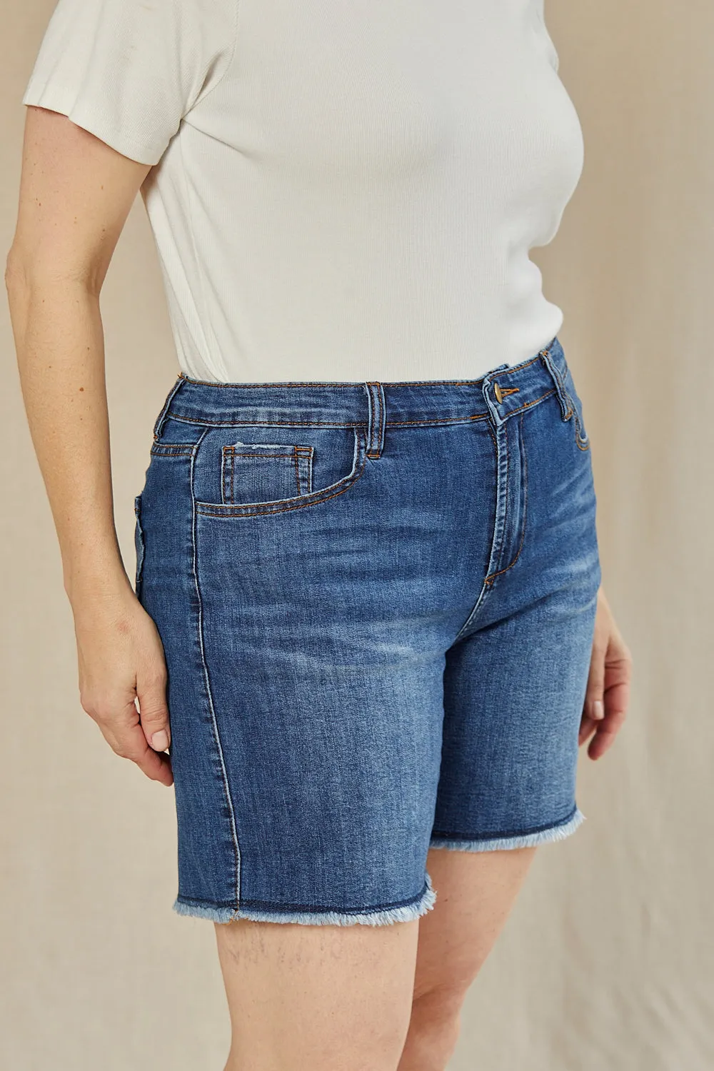 men's option Fastening Closure Adrift Denim Cut Off Shorts in Mid Wash