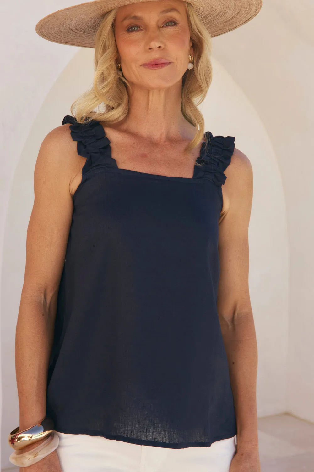 Claire Linen Summer Top in Navy Maneuverable