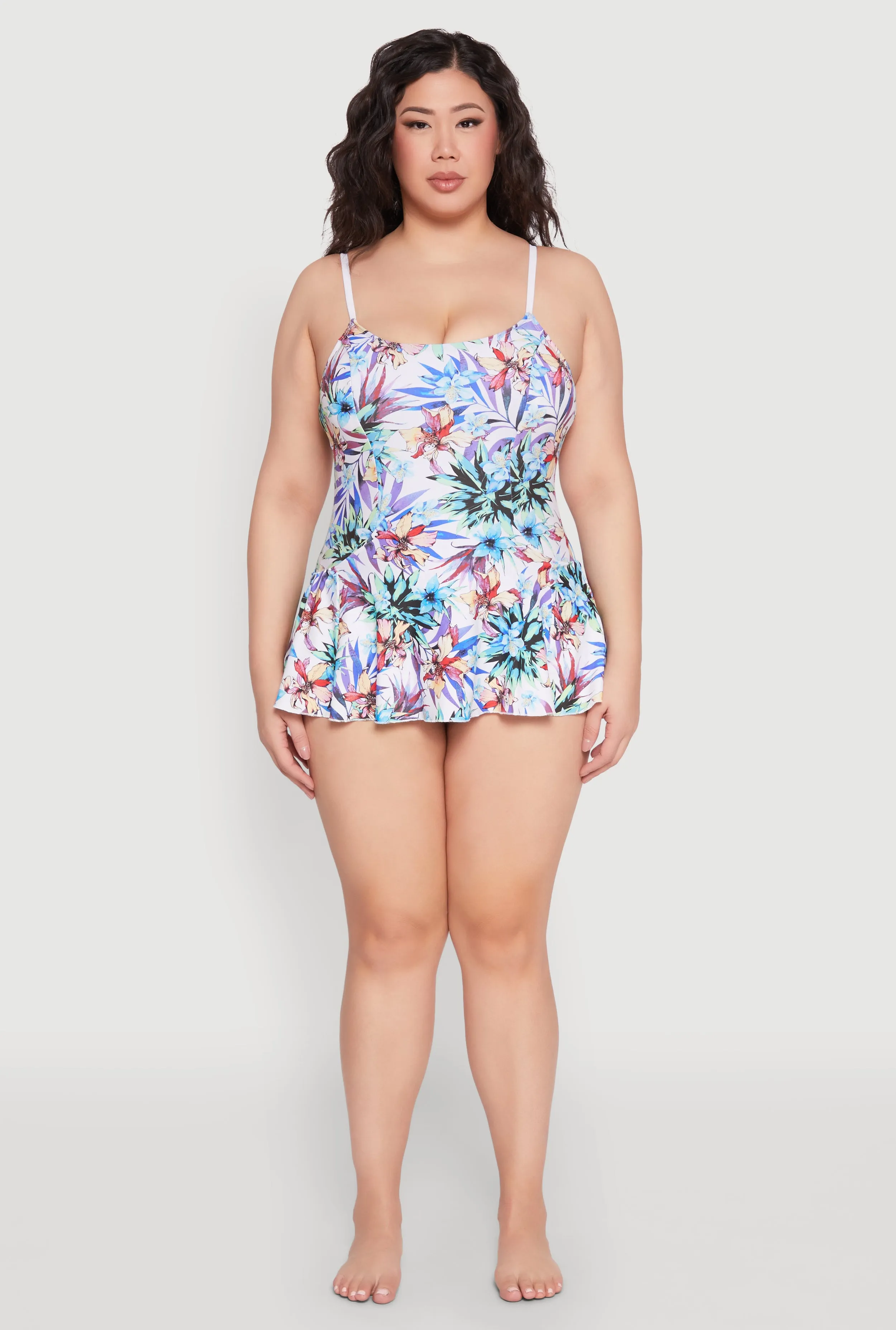 Plus Size Tropical Floral Print Swim Dress Hydrodynamic Design