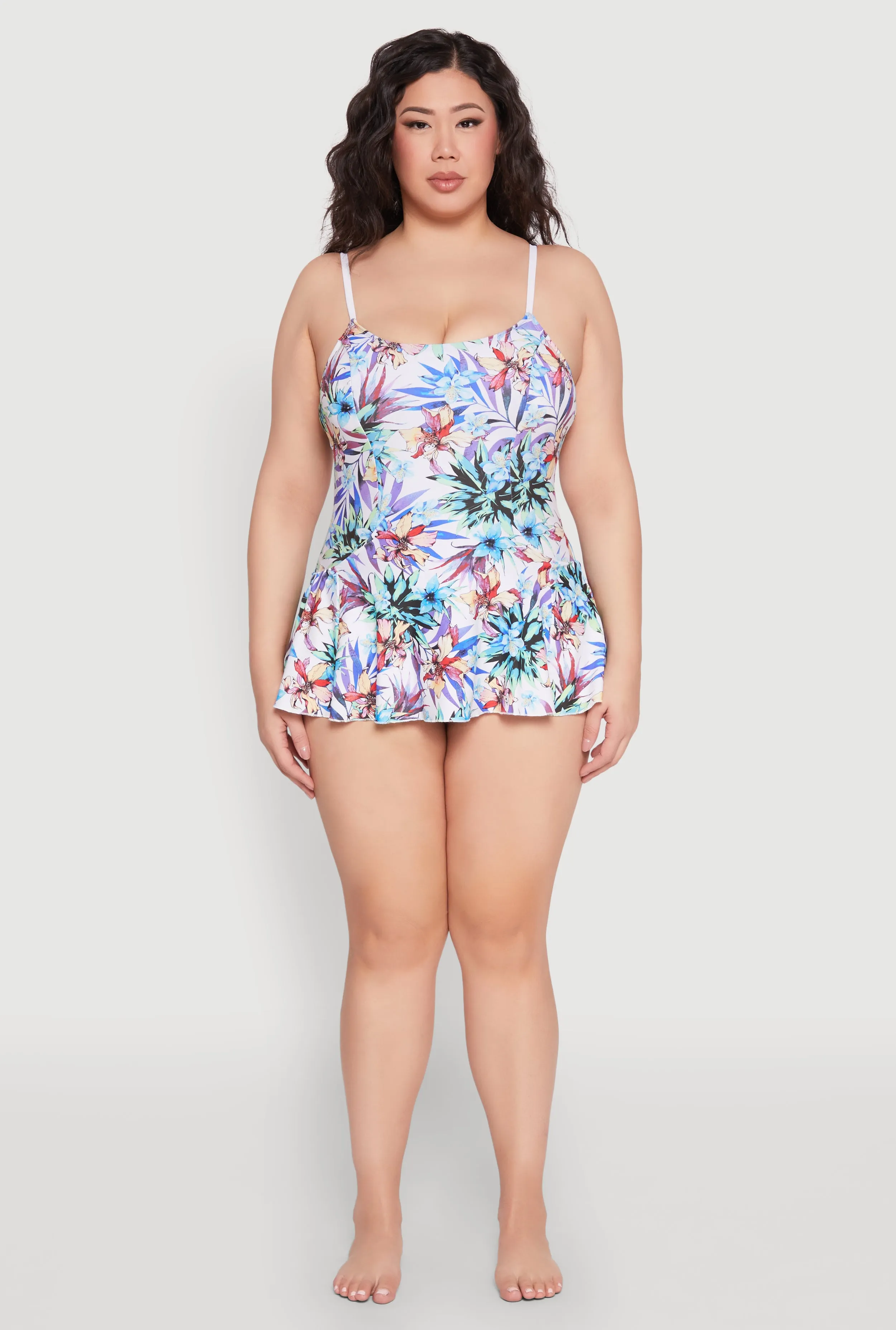 Odor Resistant Fiber Blend Plus Size Tropical Floral Print Swim Dress