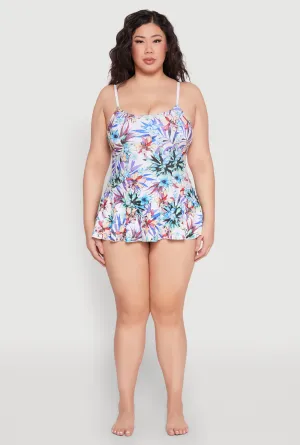 Odor Resistant Fiber Blend Plus Size Tropical Floral Print Swim Dress