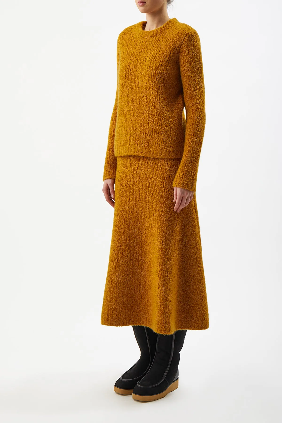 Pablo Knit Midi Skirt in Saffron Cashmere Silk Boucle High Density Weave Classic Design