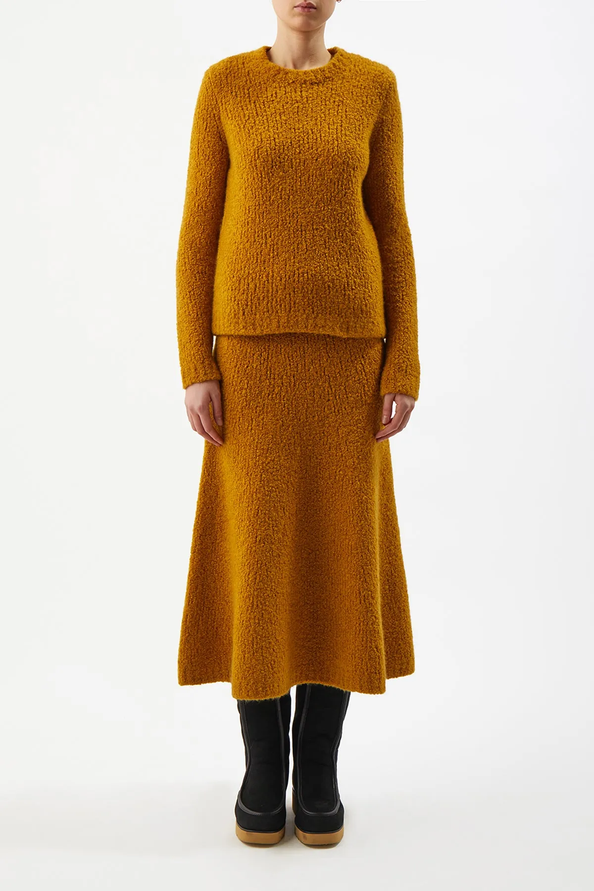 Pablo Knit Midi Skirt in Saffron Cashmere Silk Boucle button detail