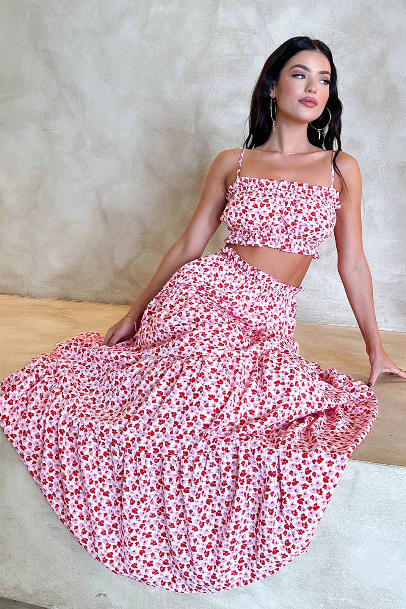 Core Collection Sturdy Waistband Selina Tiered Maxi Skirt - Red Floral