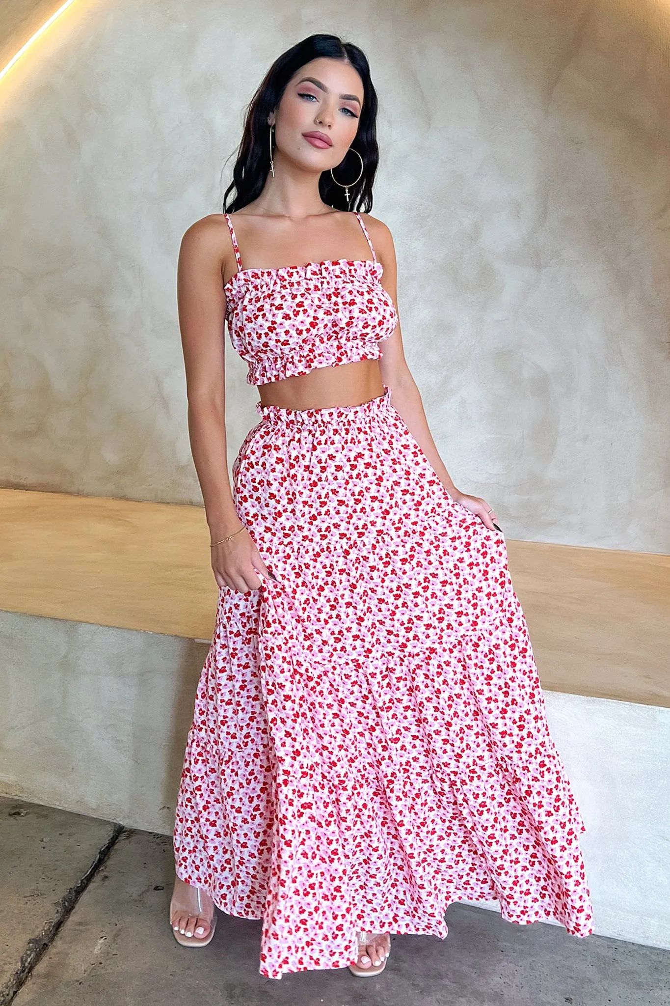 Selina Tiered Maxi Skirt - Red Floral Light Touch Minimal Vibes