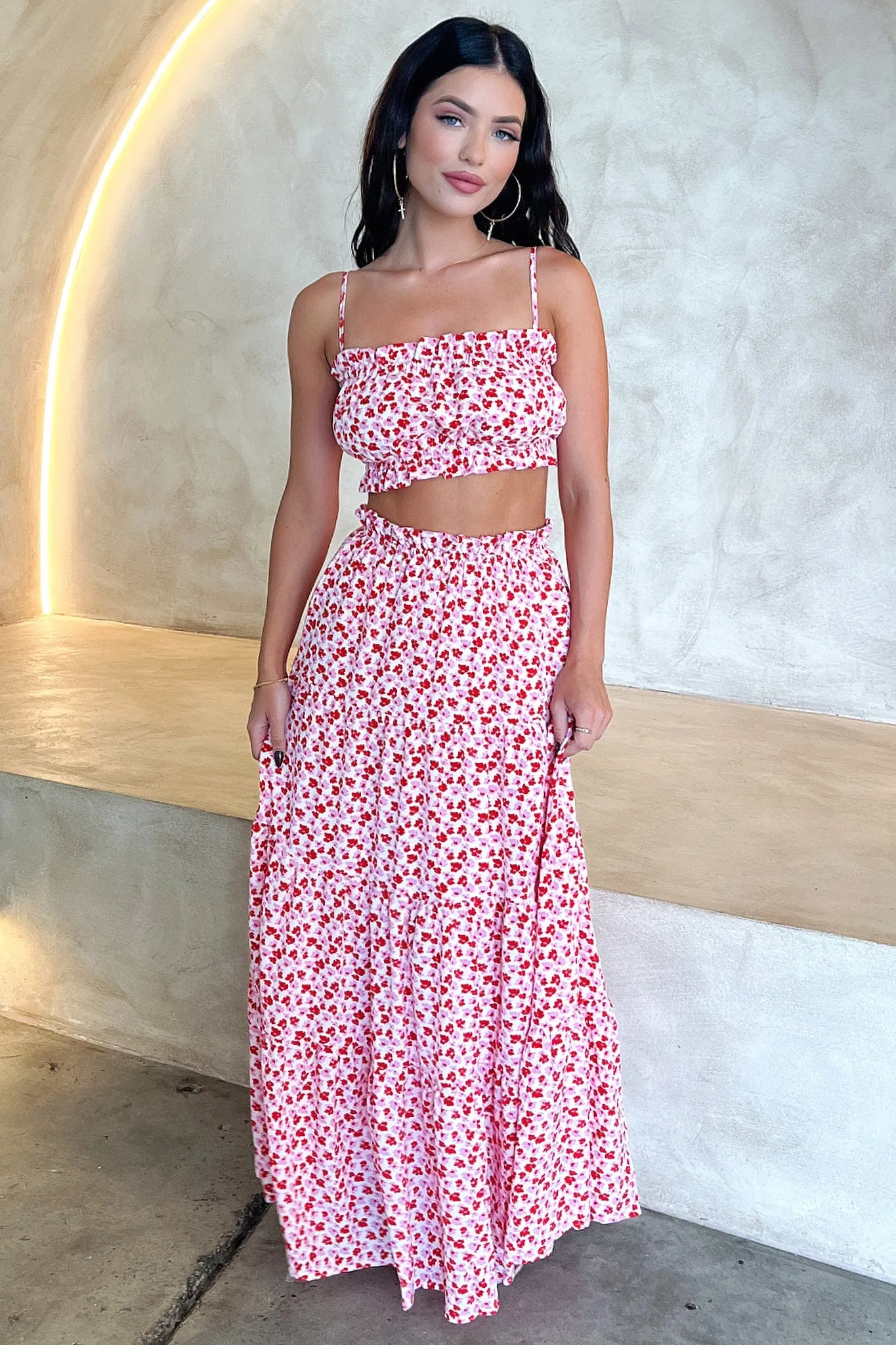 Shirred Back Crisp Edge Selina Tiered Maxi Skirt - Red Floral