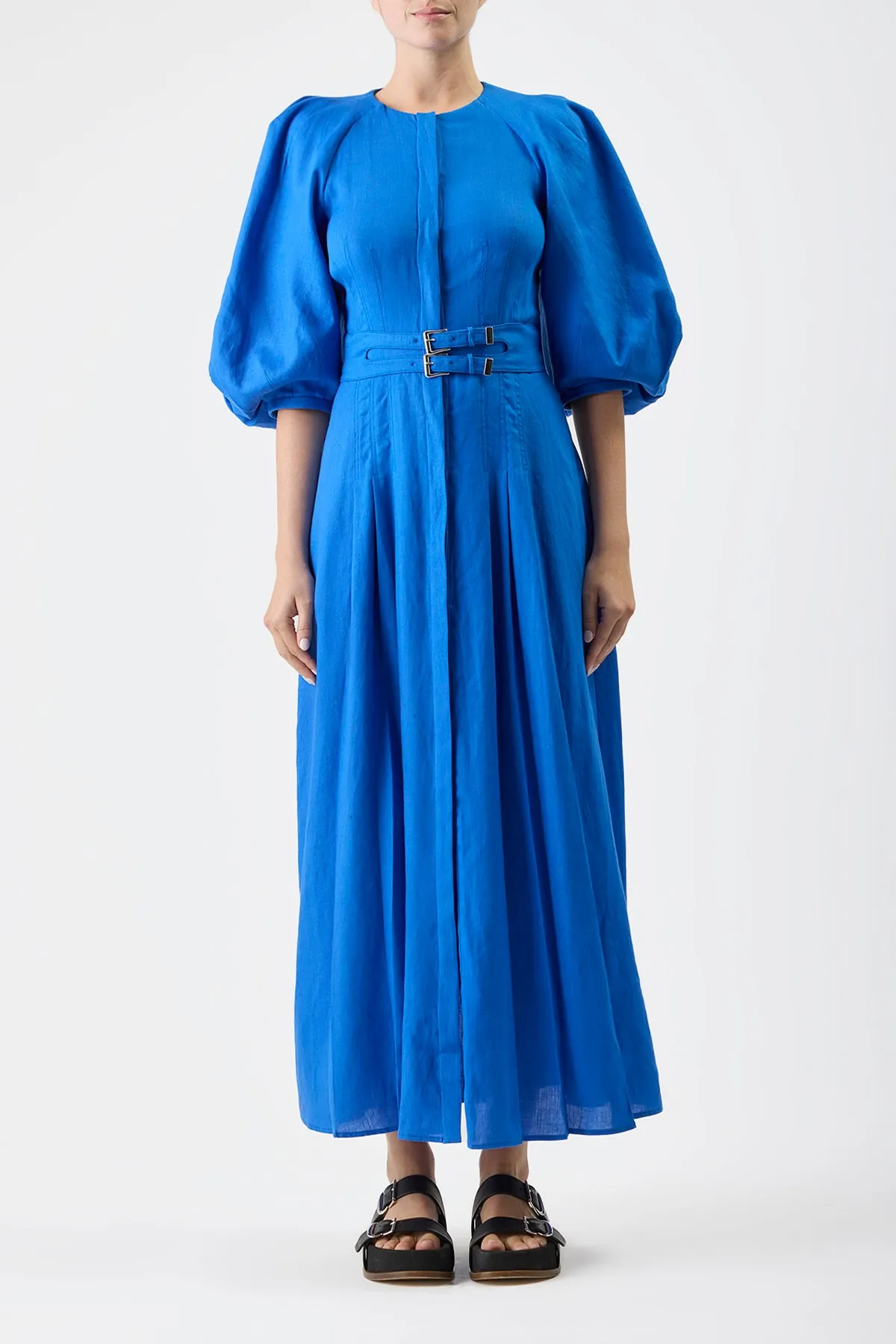 Flexible Waistline Elea Pleated Maxi Dress in Sapphire Aloe Linen
