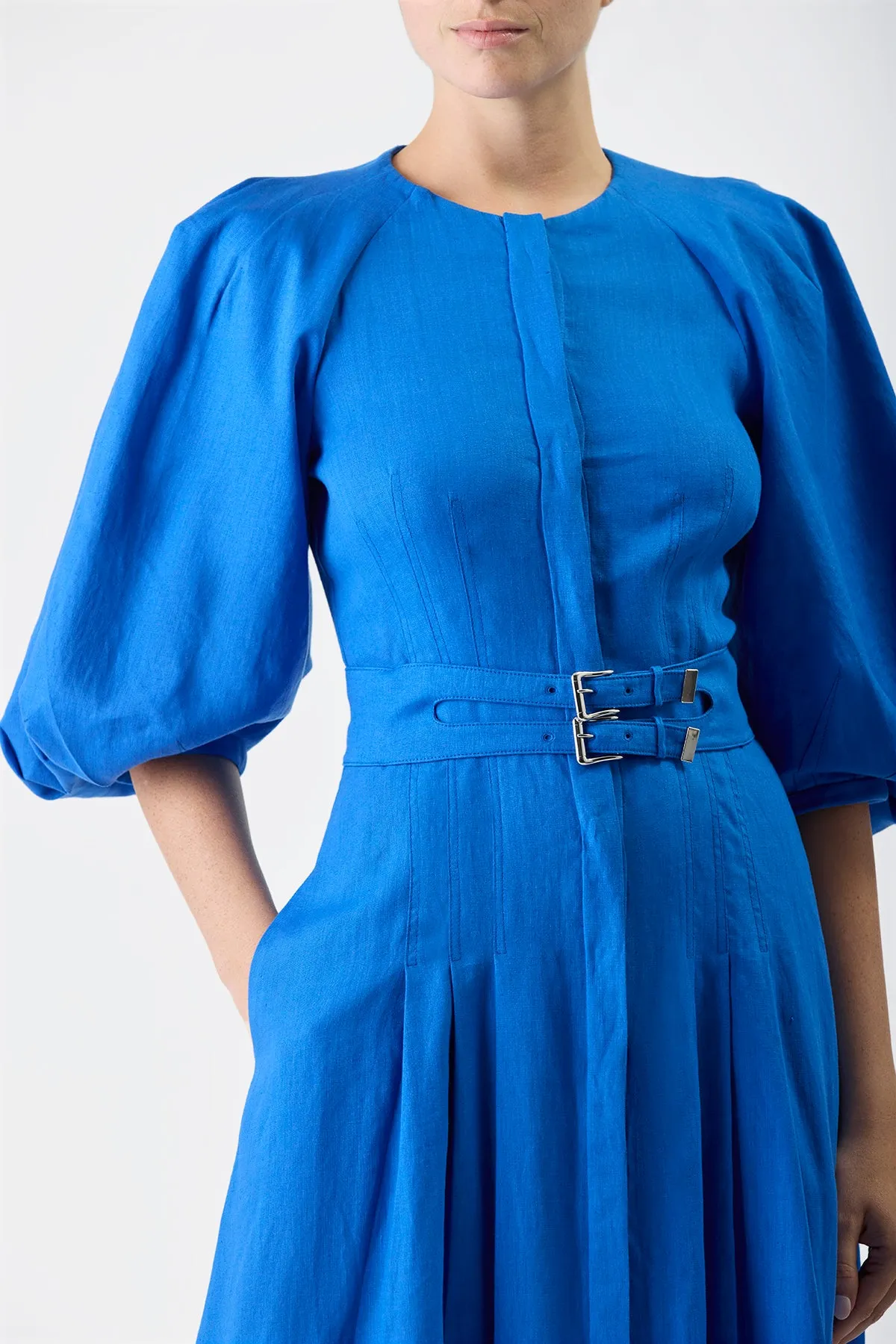 Street Edge Elea Pleated Maxi Dress in Sapphire Aloe Linen