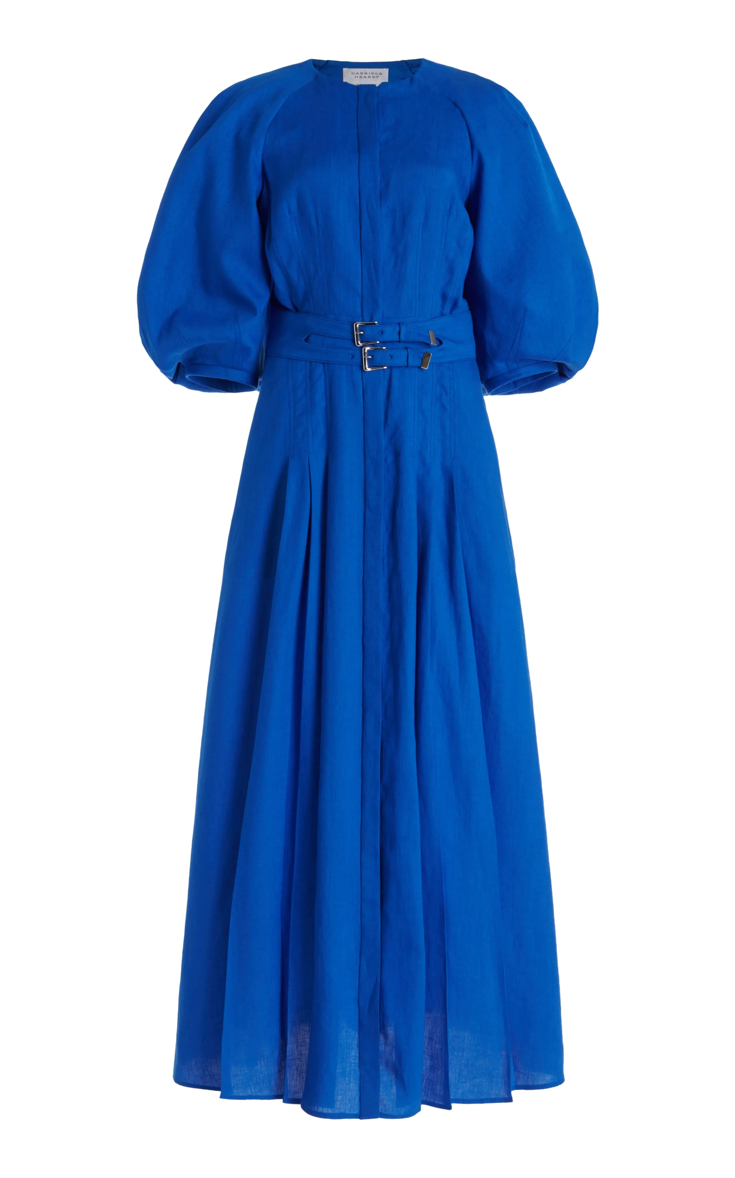 Elea Pleated Maxi Dress in Sapphire Aloe Linen Breathable Stretch Fabric
