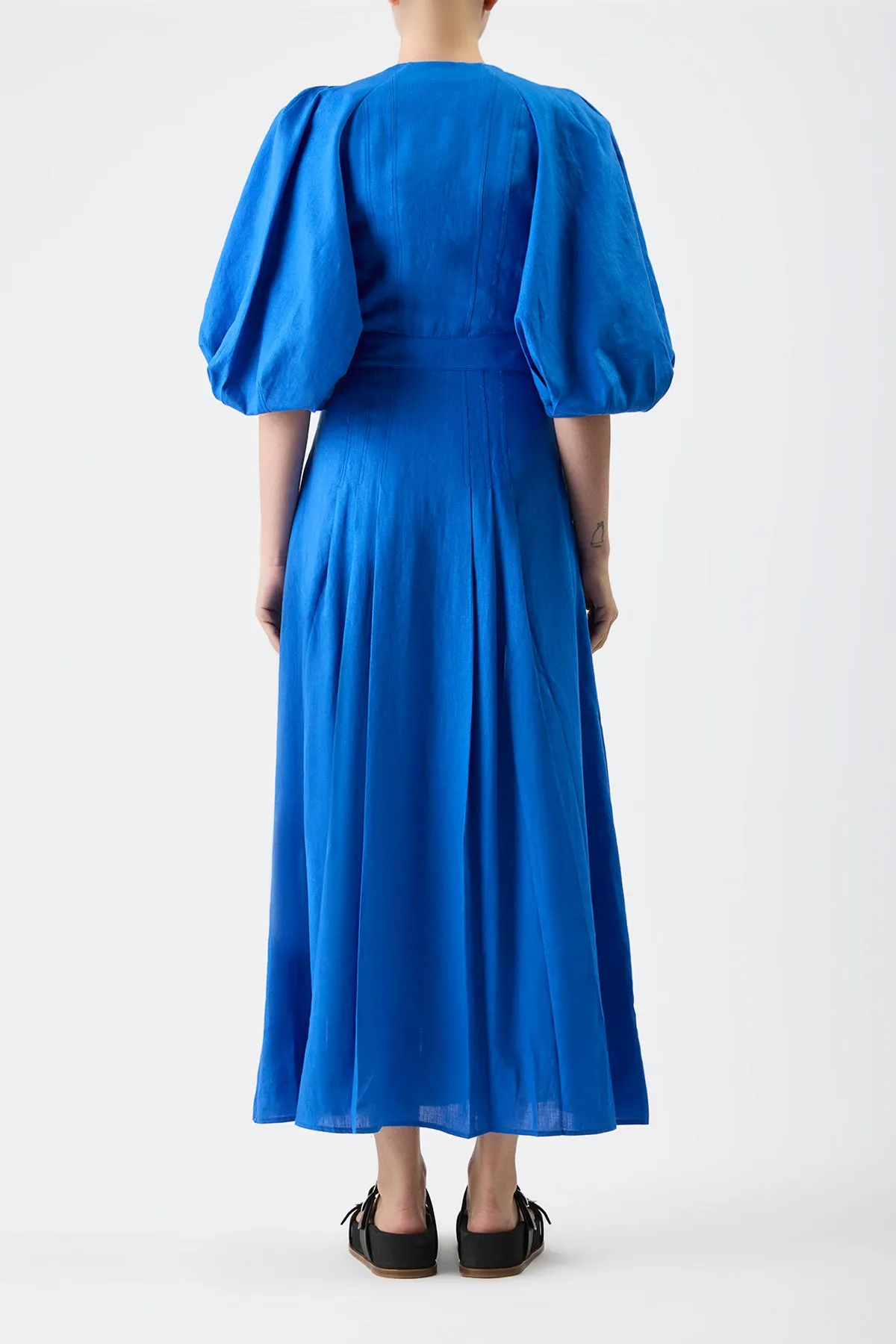 Elea Pleated Maxi Dress in Sapphire Aloe Linen Adjustable Straps