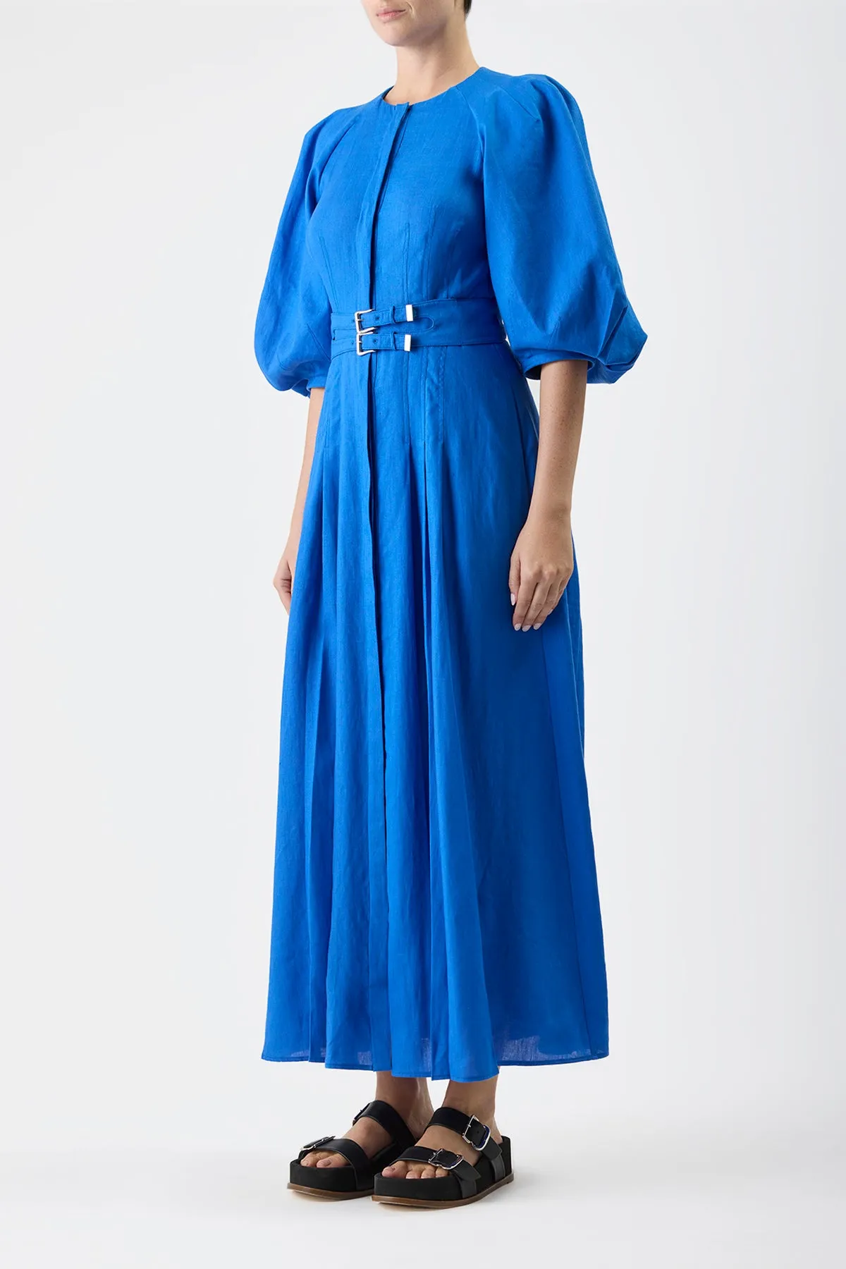 Elea Pleated Maxi Dress in Sapphire Aloe Linen Luxury Mood Comfort waistband