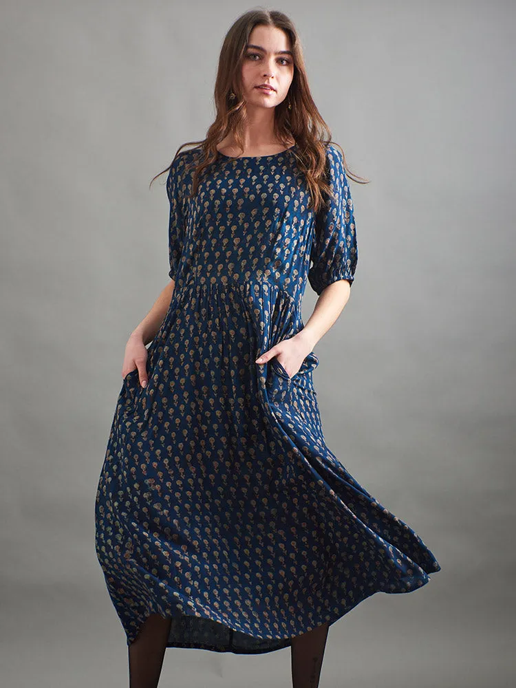 RollUp Sleeves Sydney Midi Dress - Midnight Mini Floral